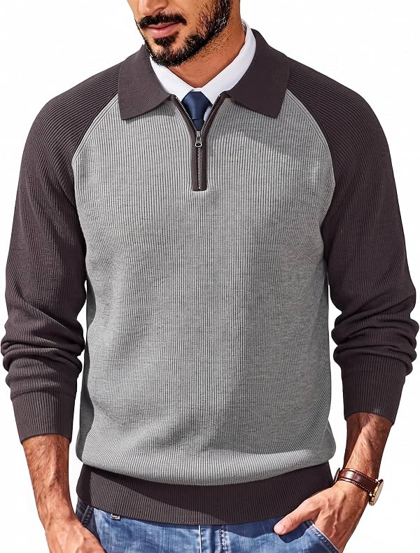 Suéteres de Punto para Hombre, Pullover con Cremallera de Cuarto, Cuello, Polo, Bloque de Color, Manga Raglán, Otoño Invierno, Cálidos