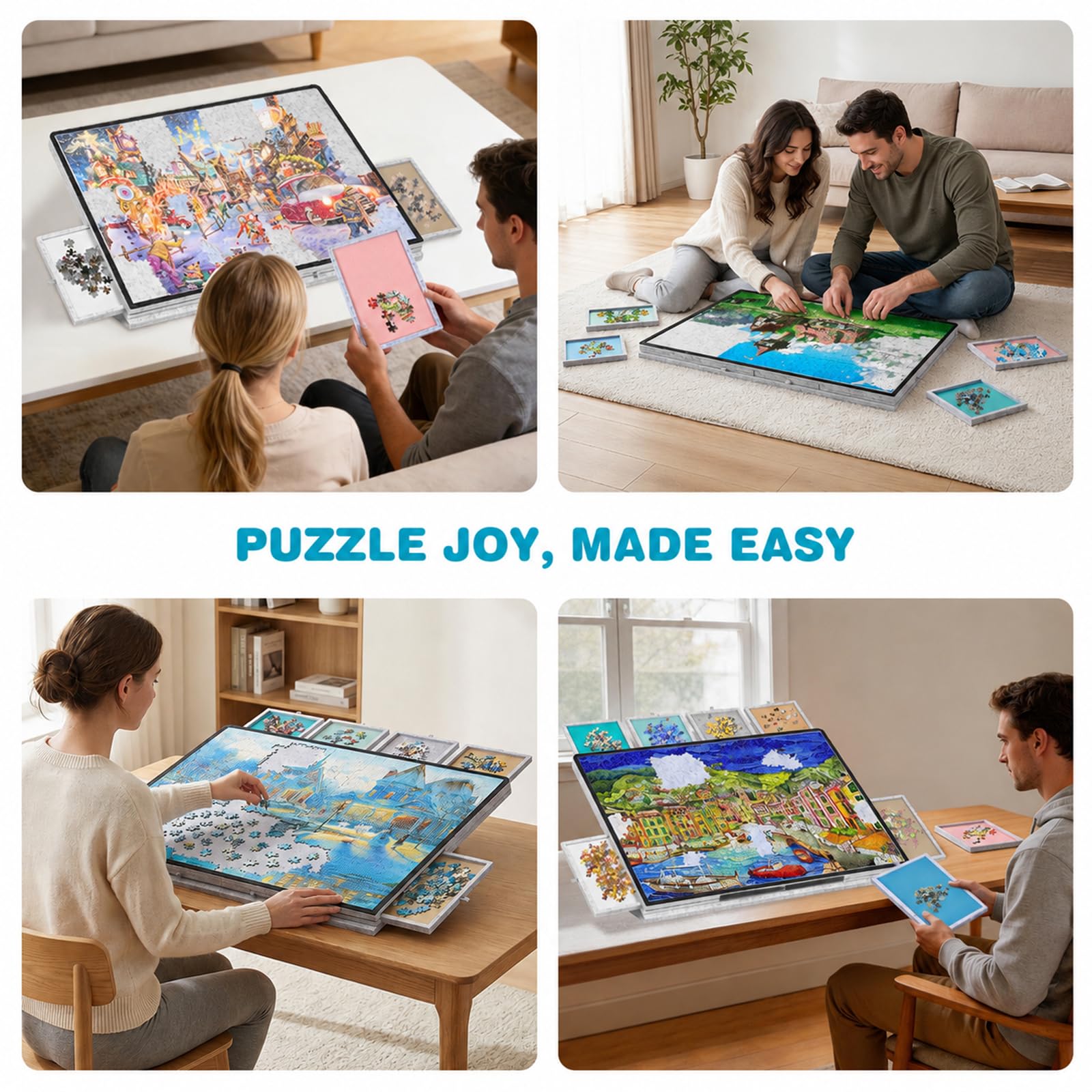 Plateau Puzzle 2-en-1 1000 pièces, Pliable, 8 tiroirs, 77x54 cm, Gris | Surface en feutre, couvercle transparent, 3 tiroirs, pieds pliants 29 cm, bords surélevés