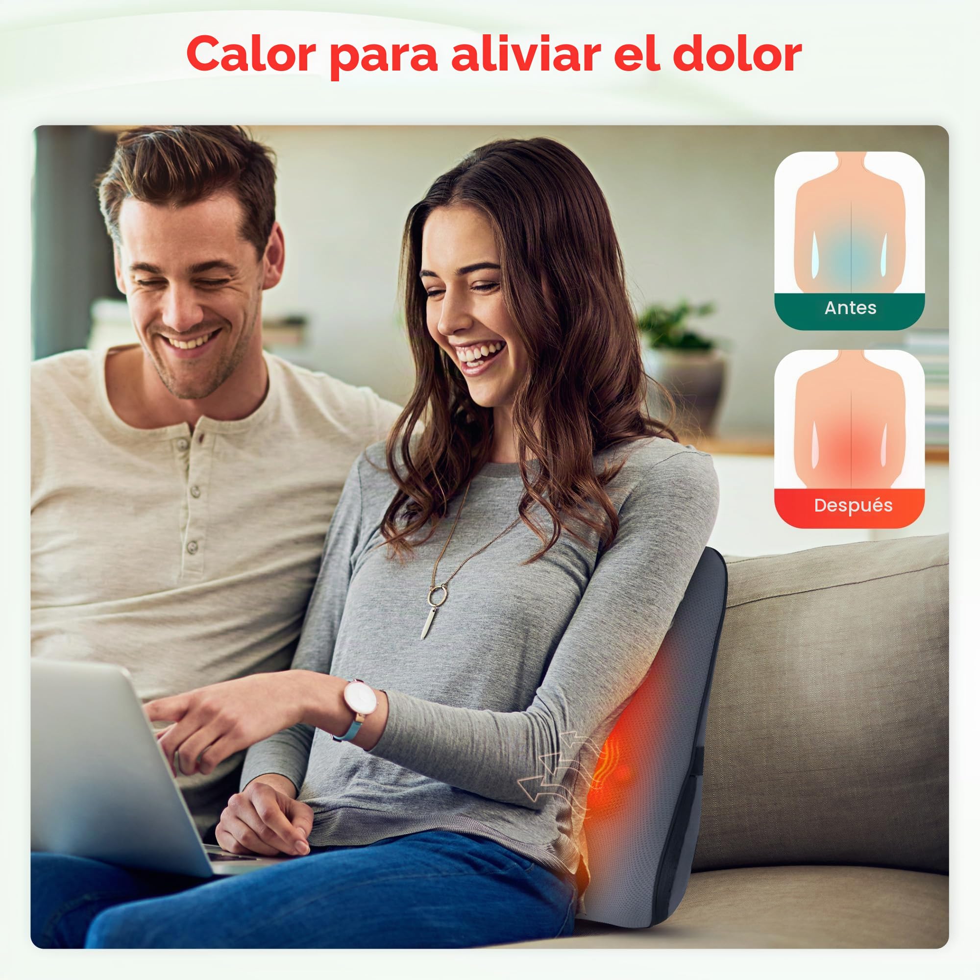 Snailax Cojín lumbar ergonómico con masaje y calor, cojín lumbar shiatsu de espuma viscoelástica, cojín con 3 intensidades de masaje, 2 niveles de calor, 3 temporizadores, cómoda postura