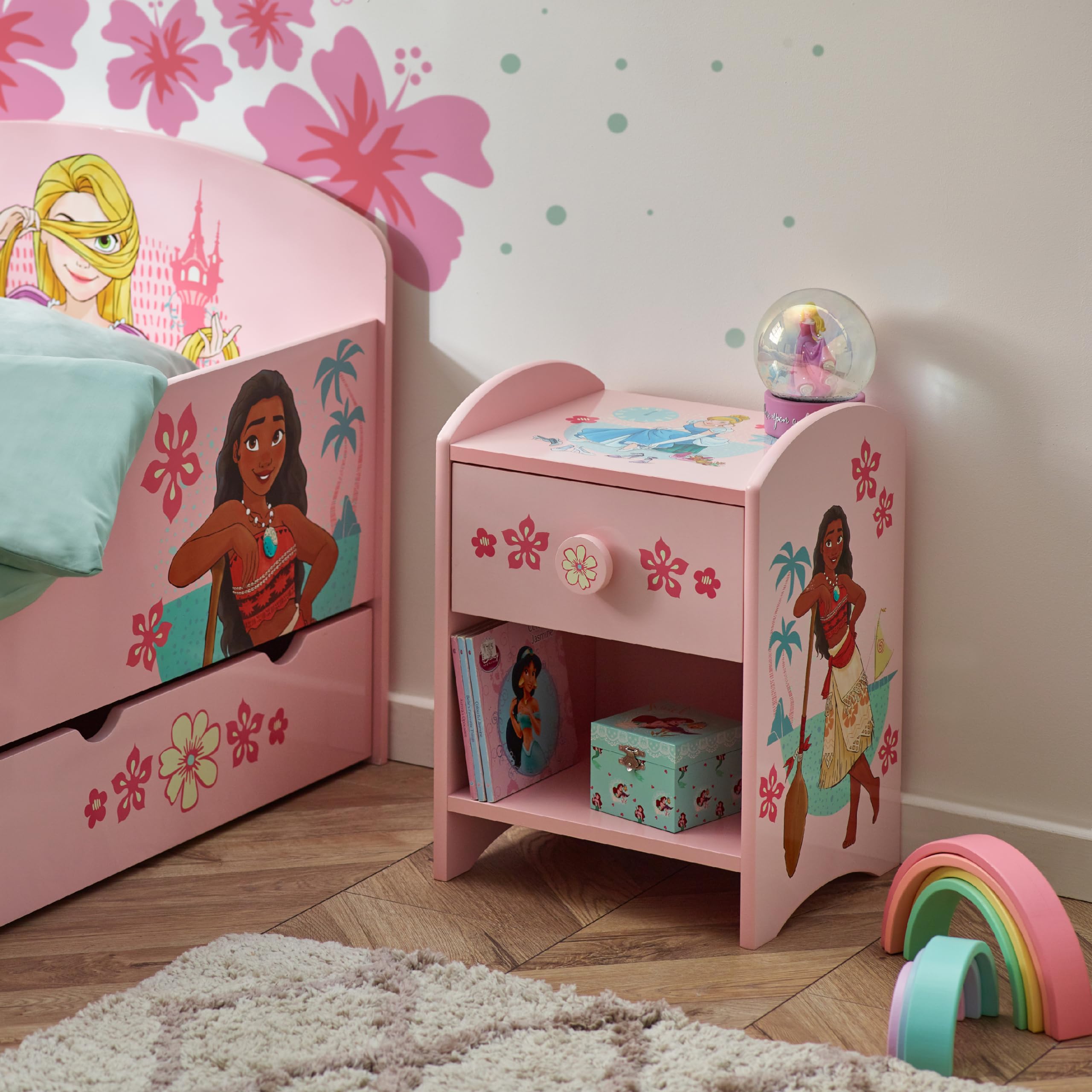 Disney Princess Moana et Raiponce Table de Chevet : Construction Robuste en Bois avec Un Design à 2 Niveaux, Petite Table d’appoint avec tiroir et étagère de Rangement pour Chambre d’Enfant