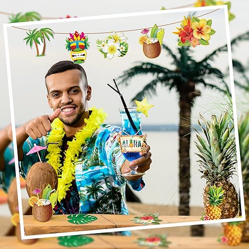 Miniatura 5 de Spiareal 30 piezas de adornos colgantes de madera para fiesta temática hawaiana de Luau tropical de verano, máscaras Tiki, piñas, flores, palmeras,