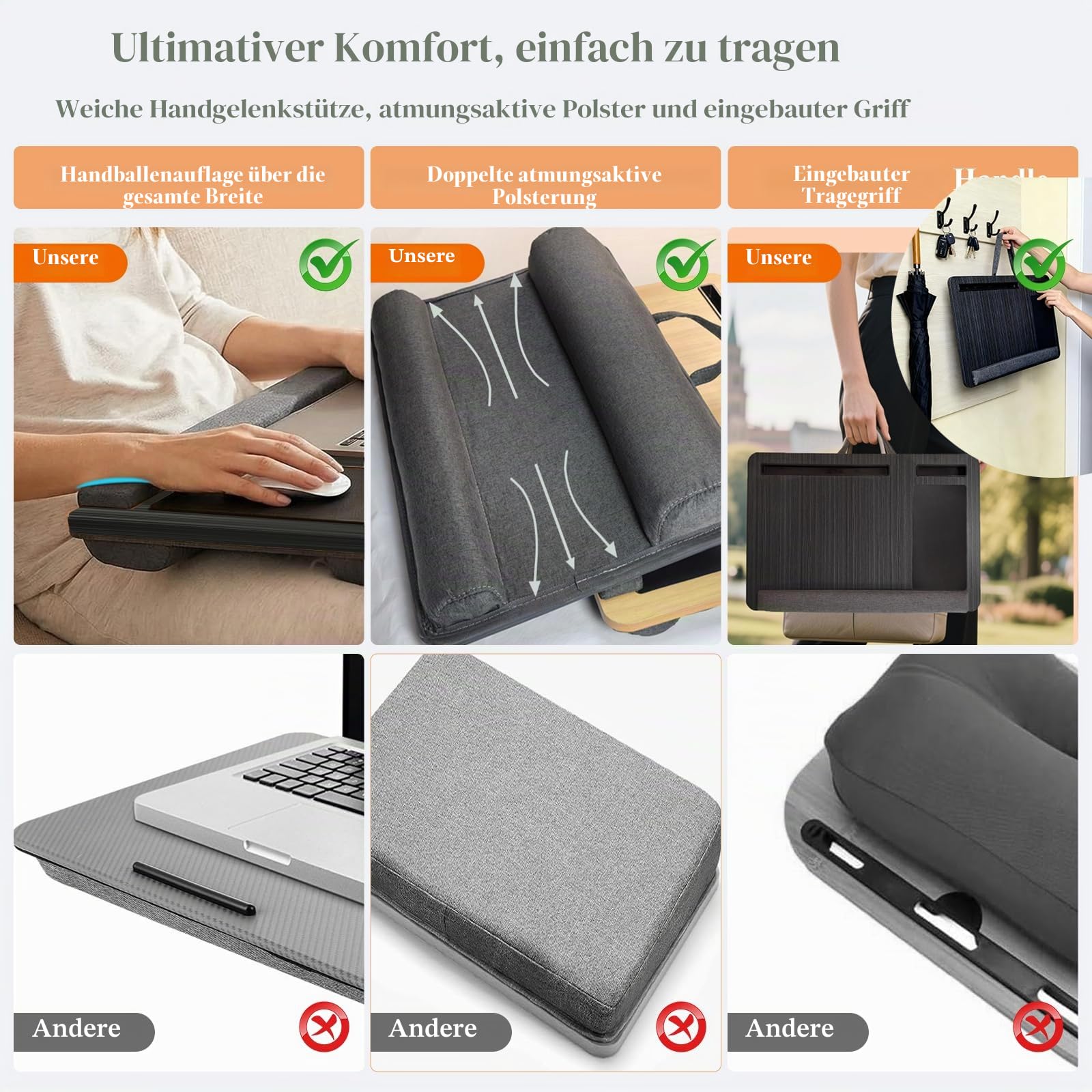 Laptopunterlage 55x34cm für Heim Bett Sofa mit Knietablett mit Kissen,Handgelenkauflage Handyhalter, Laptop Kissen für max 17.3” Notebook, mit mini-klappbarem Gerätehalterr (Schwarz)
