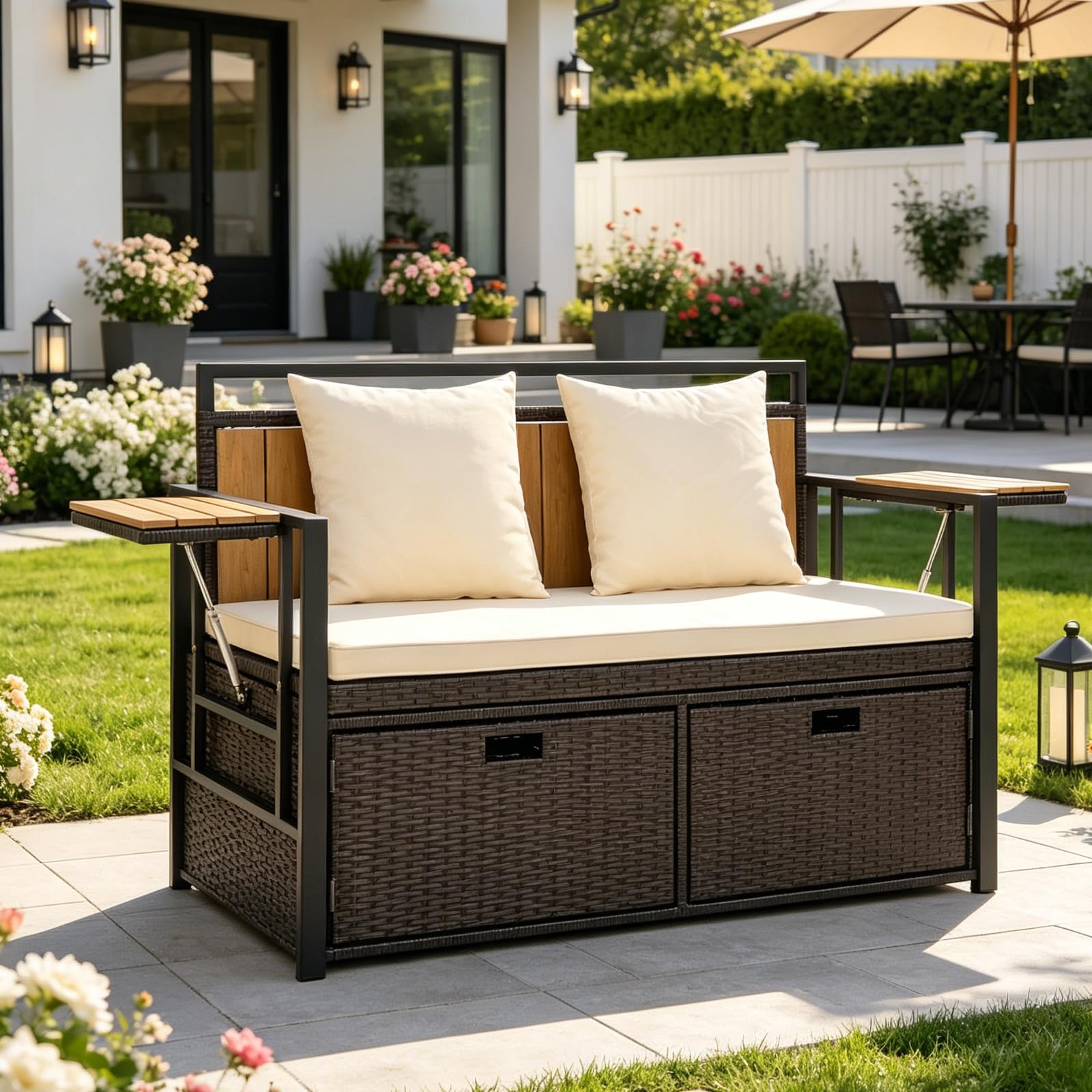 SOARS Banco Arcón Exterior para 2 Personas, Banco Jardín de Ratán con Compartimento de 142,5L, 2 Mesitas Plegables, Cojín y 2 Almohadas, Cofre de Almacenamiento para Patio, Terraza (Blanco)