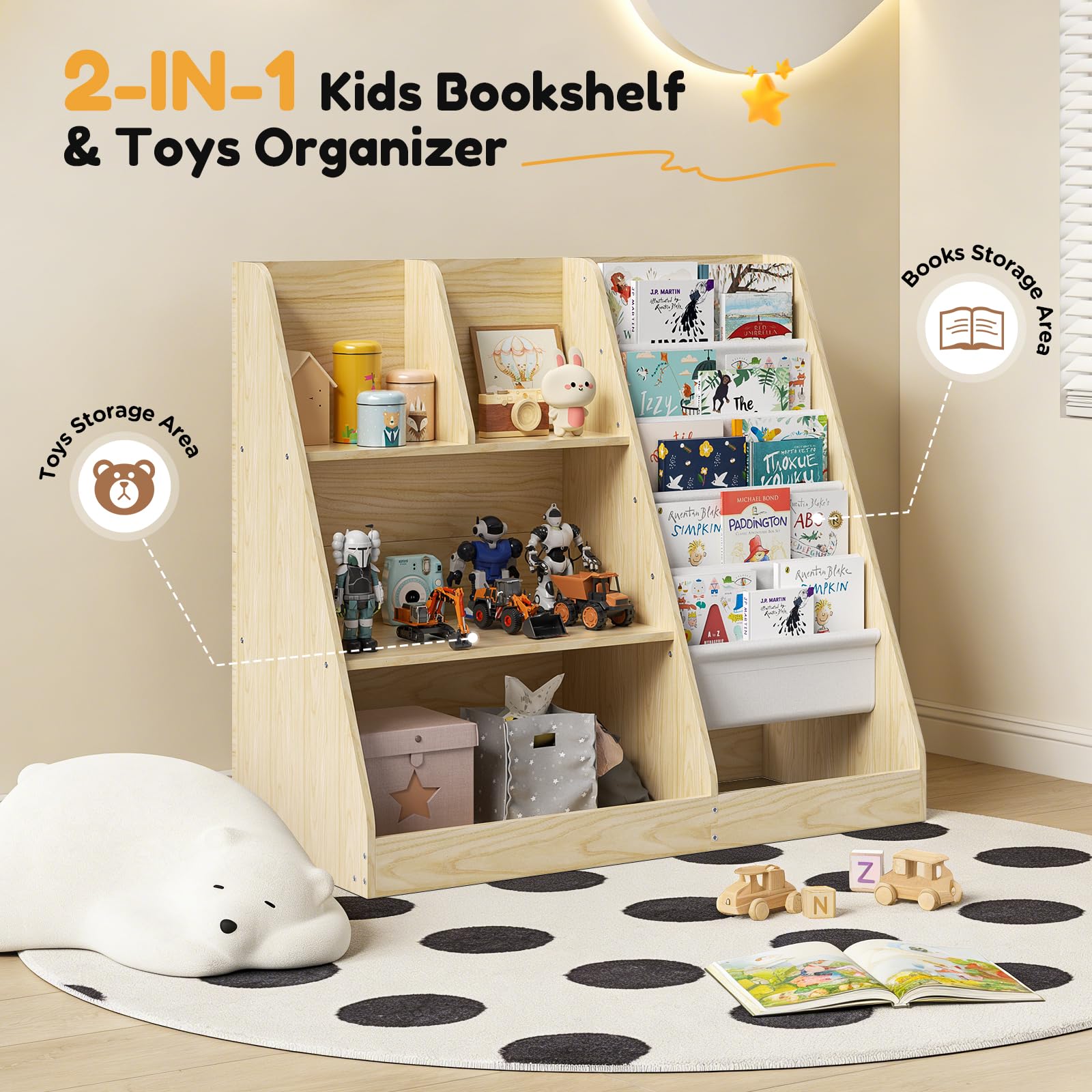Libreria per bambini, a 5 ripiani, con 4 scomparti aperti, libreria in legno per bambini, camera da letto, sala giochi, aula e asilo nido