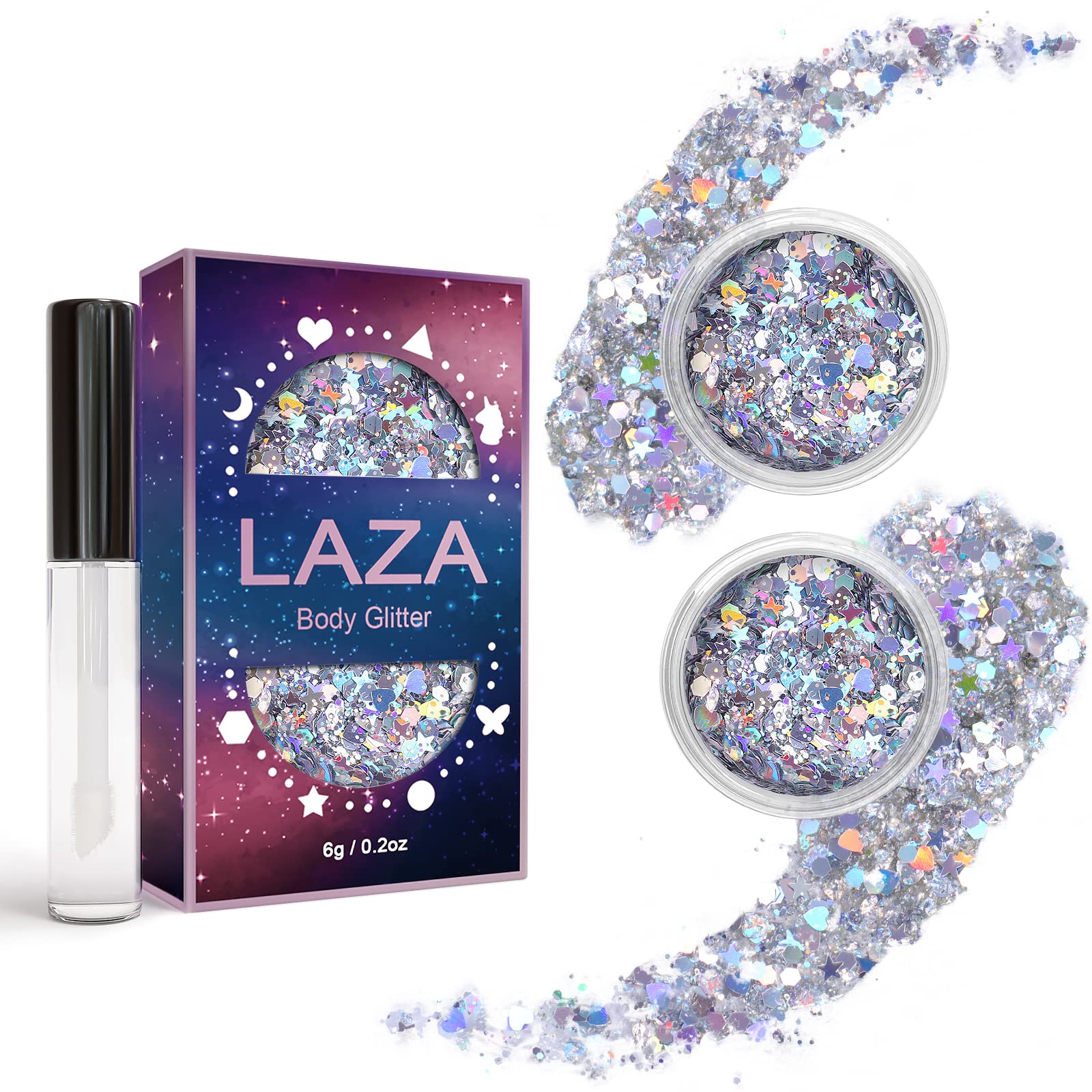 Laza Body Glitter, 2 Jars Holographic Chunky Sequins with Glitter Glue Perfect for Women Eyeshadow Makeup Face Paint Festival Rave Outfits Hair