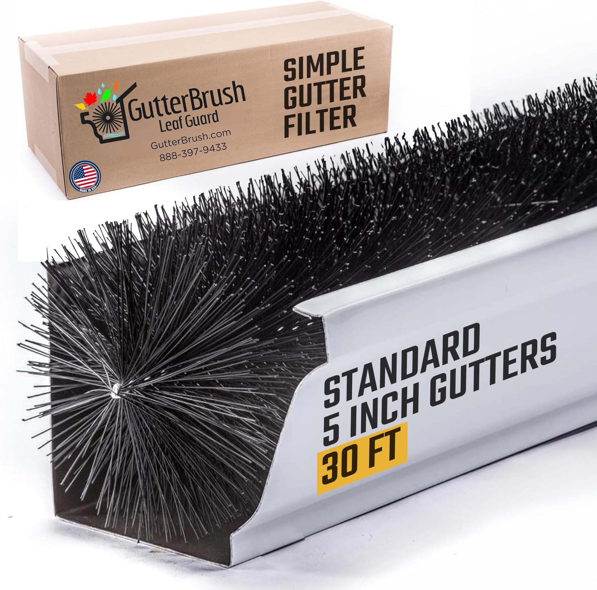 GutterBrush Gutter Guard for 5 Inch Gutters – 30 Ft Leaf Filter Insert | Easy DIY Gutter Protection Brush | Blocks Leaves & Debris – Alternative to Gutter Covers & Gutter Screens - Made in USA