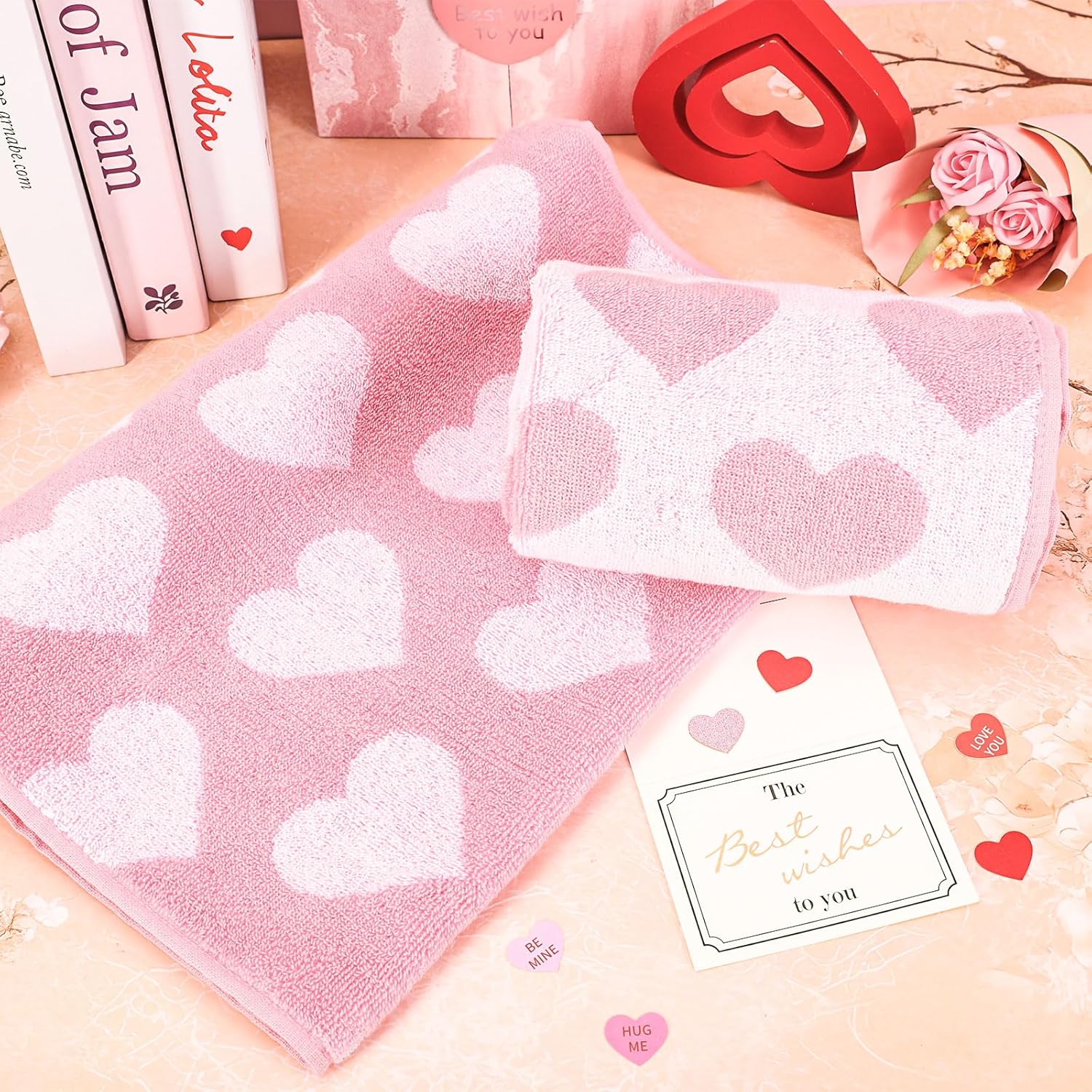 Valentine's Day Hand Towels Jacquard Cotton Bathroom Towel Pink White Heart Decorative Absorbent Bath Towel for Kitchen Dish Drying Cleaning Cooking, 29.5 x 13.4 Inch, 2Pcs - Image 4