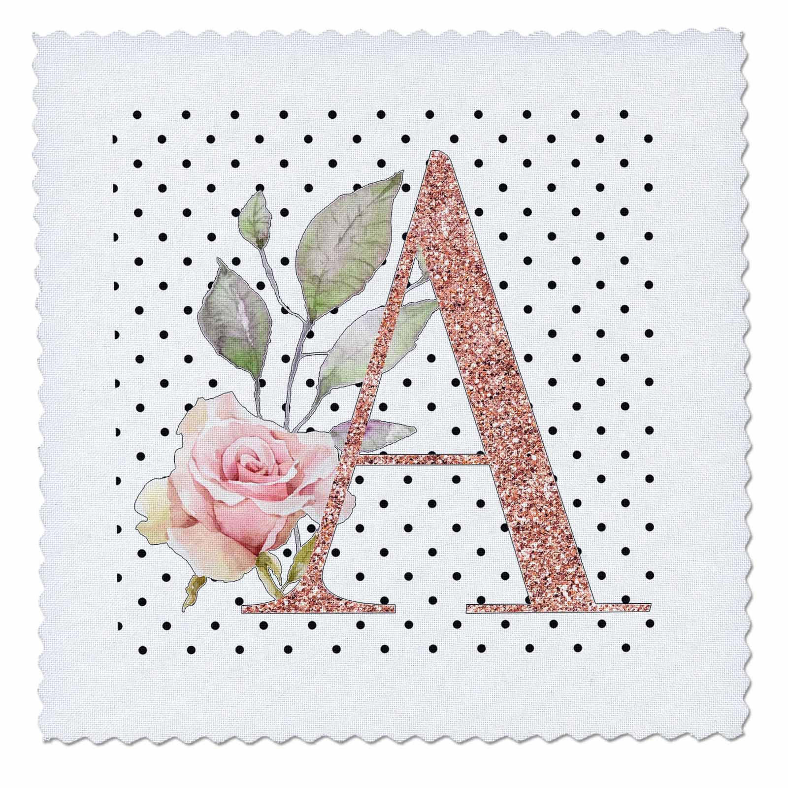 10x10 inch Quilt Square - Monogram Initial A Pink Rose Floral On Black and White Polka Dots Monograms
