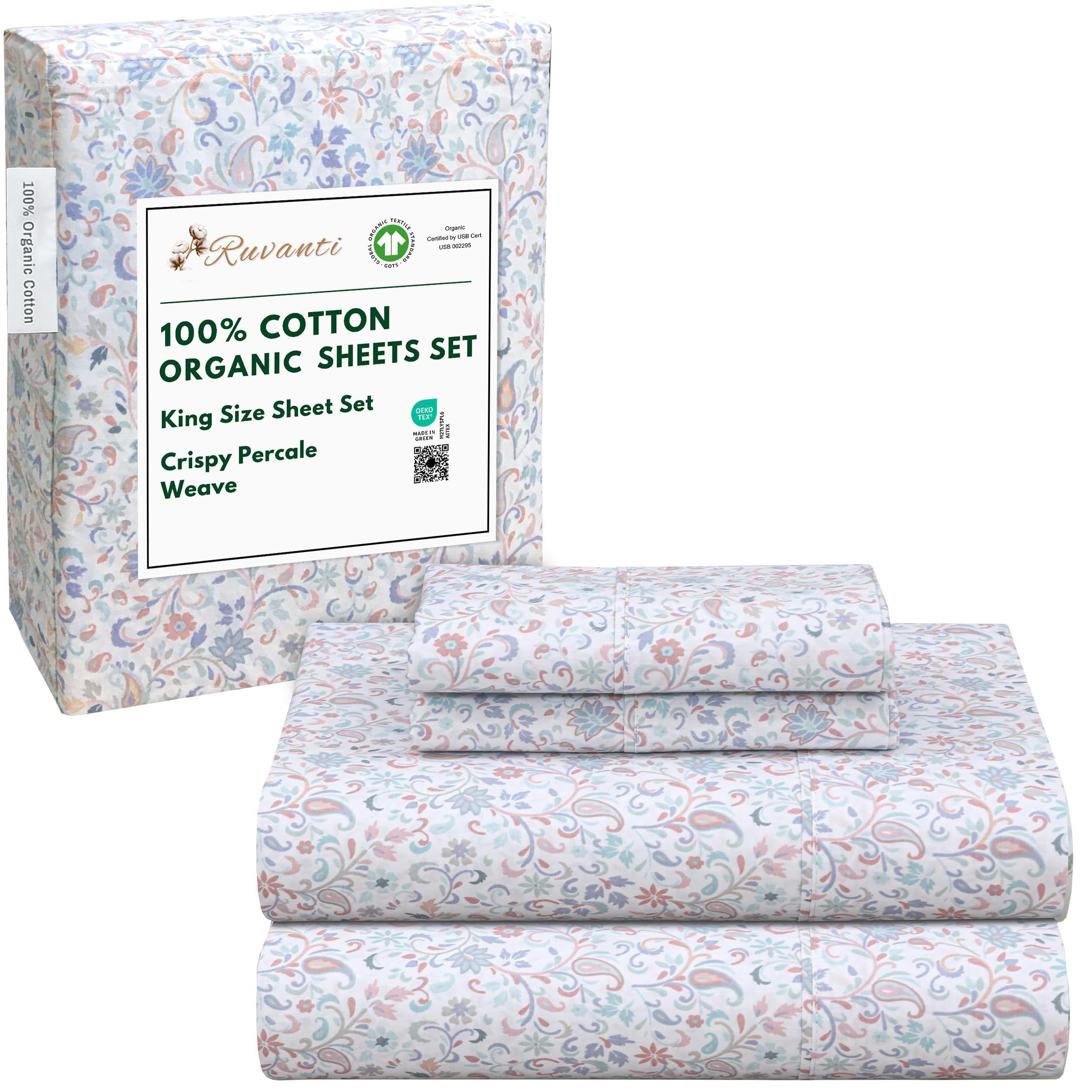 RUVANTI 100% Organic Cotton Sheets King Size, Percale Weave, GOTS Certified, 4-Piece Set, Deep Pocket 15", Crisp & Breathable, Soft Durable Bedding, Sábanas Algodón Orgánico – Multi Paisley