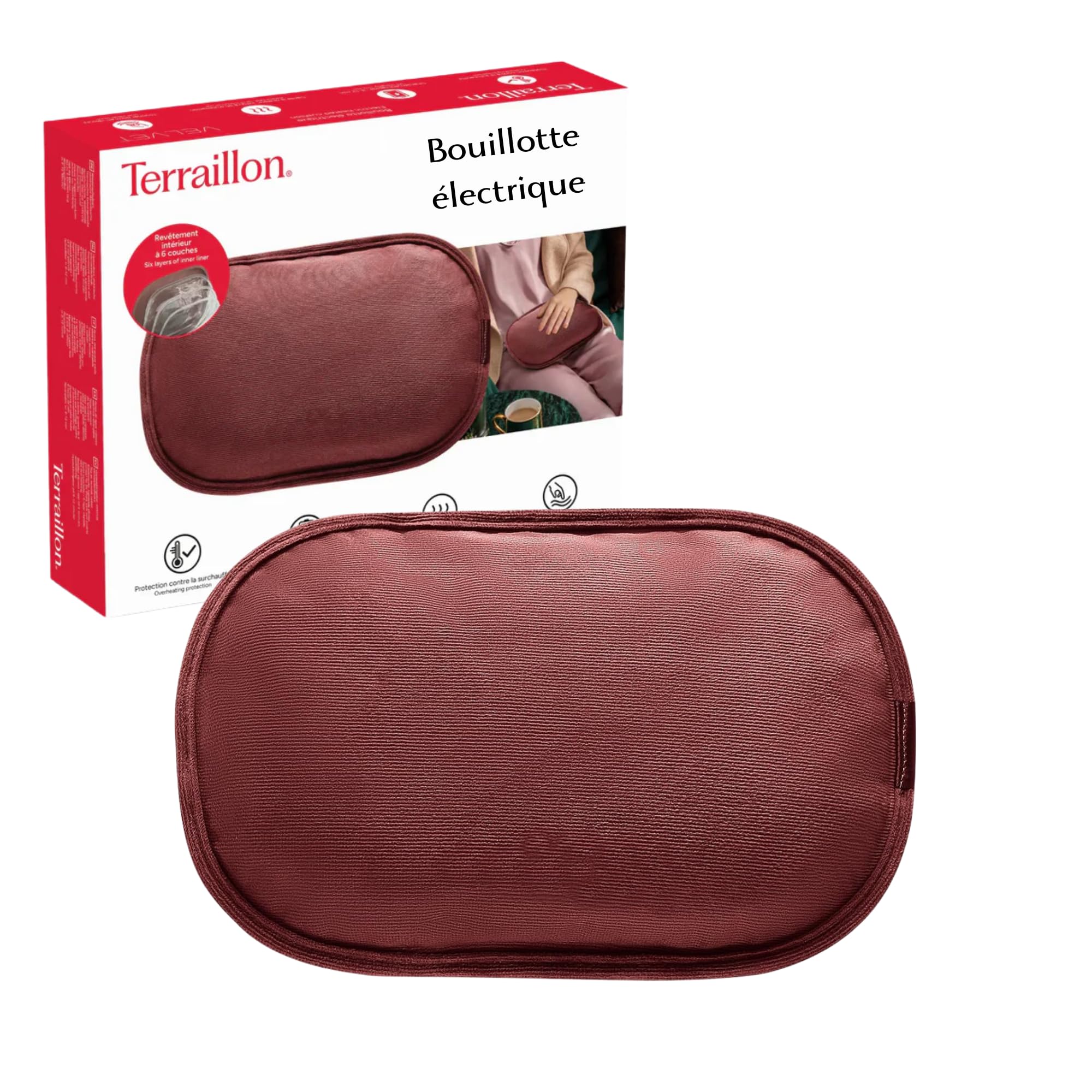 TERRAILLON - Bouillotte electrique finition confort en velours, Chargement Ultra rapide 8-​12 min, Chaleur qui dure jusqu'à 6h pour Soulager les douleurs musculaires-​menstruelles-​articulaires, VELVET