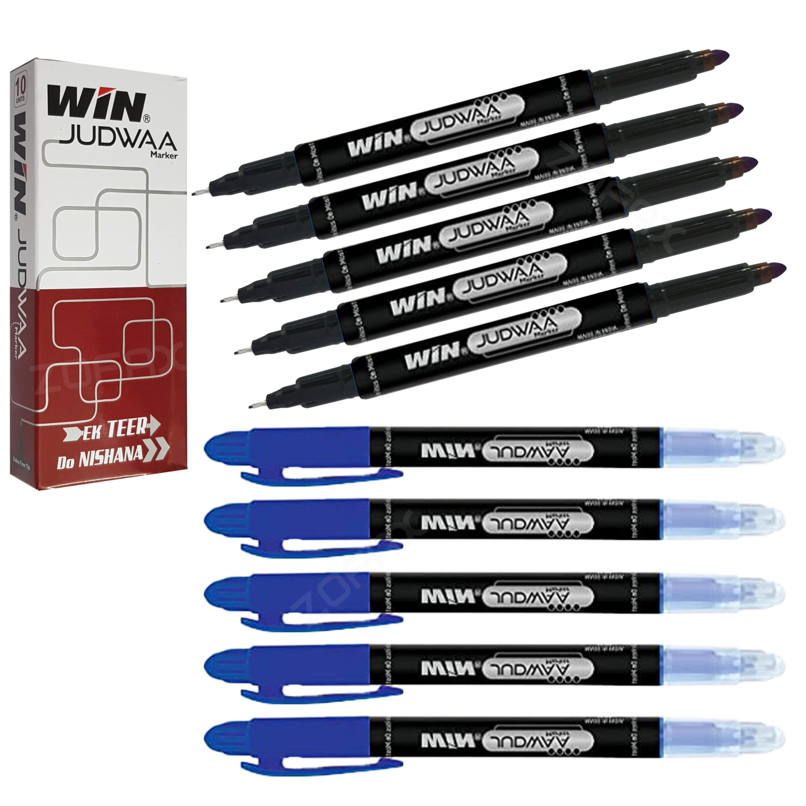 DUAL TIP Permanent Markers, BLUE, Medium Tip and Extra Fine Tip, Pack of 10
