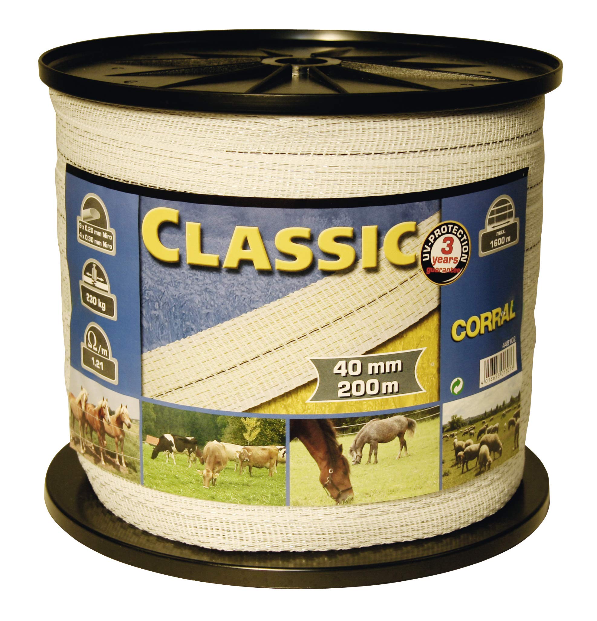 Kerbl 449102 Classic taśma ogrodzeniowa, biała, 13 drabin, 200 m długości, 40 mm szerokości