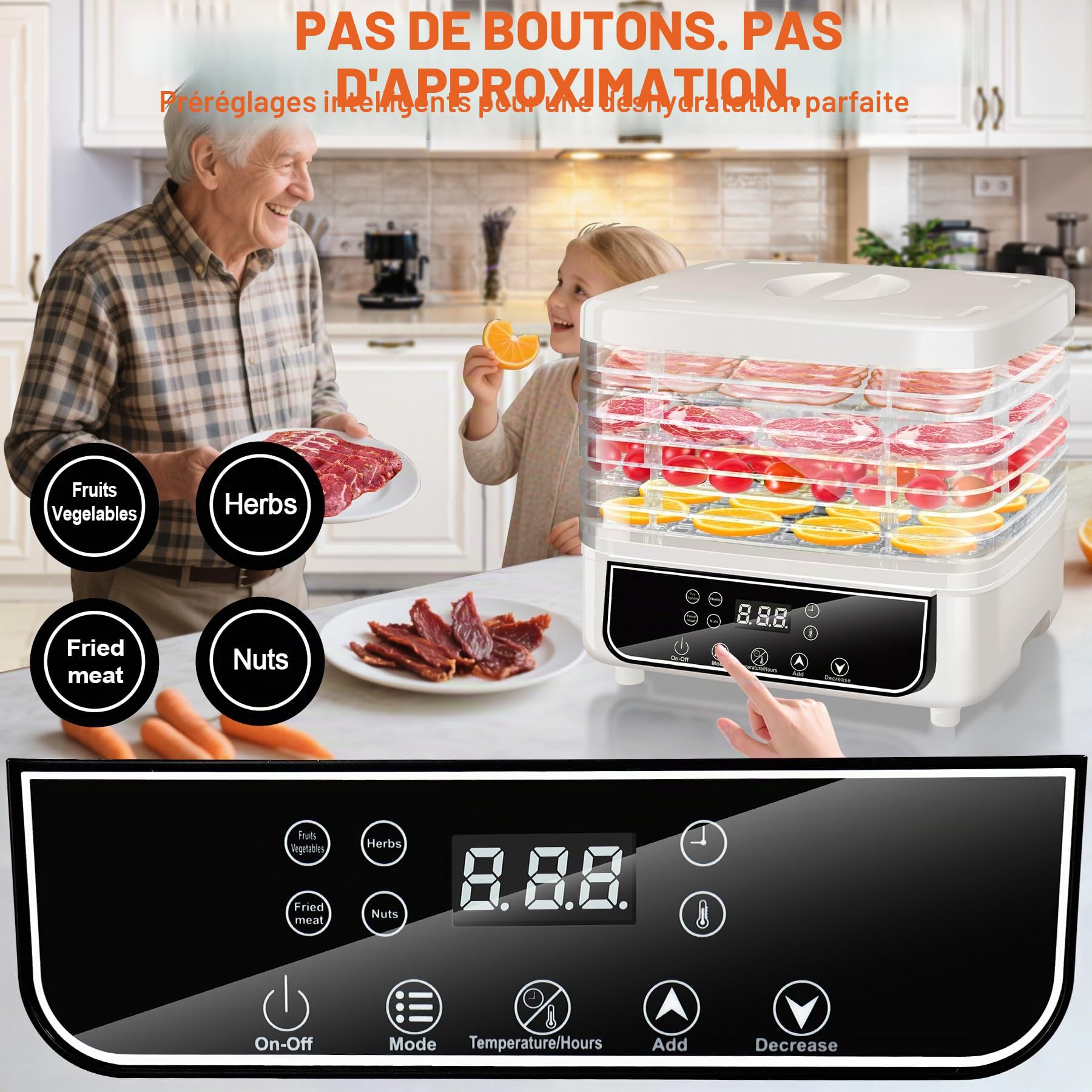 KingSom Déshydrateur Alimentaire, Déshydrateur à 5 Plateaux Réglables en Hauteur, Déshydrateurs d'Aliments avec Minuterie 72H et Température 35-70°C, 4 Modes, Deshydrateur Fruits et Legumes, Sans BPA