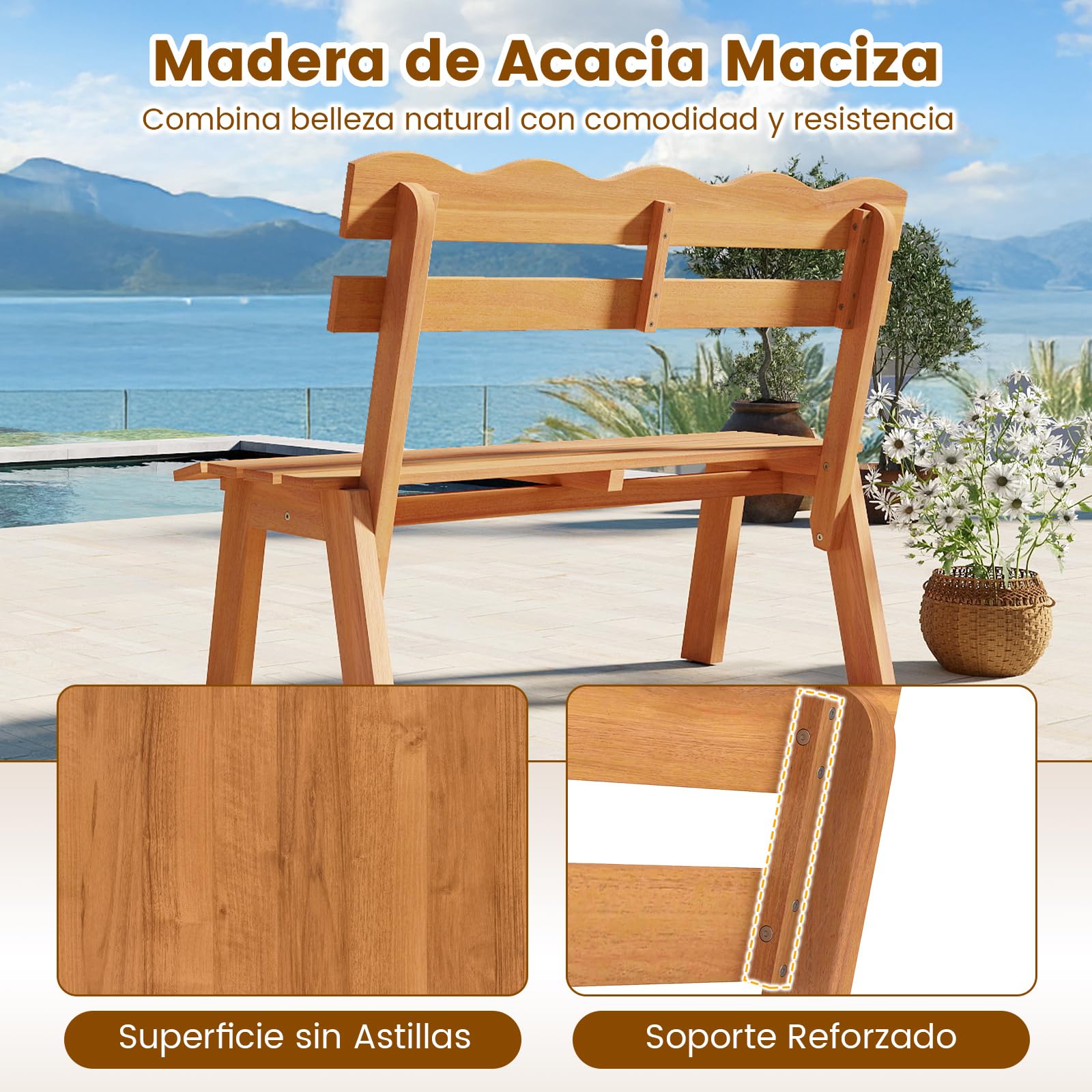 COSTWAY Banco Jardín de Madera Acacia, 2 Plazas, Banco Exterior sin Reposabrazos, Respaldo Ondulado, Patio Porche Terraza Parque, 47,5 x 105 x 80 cm, 360kg