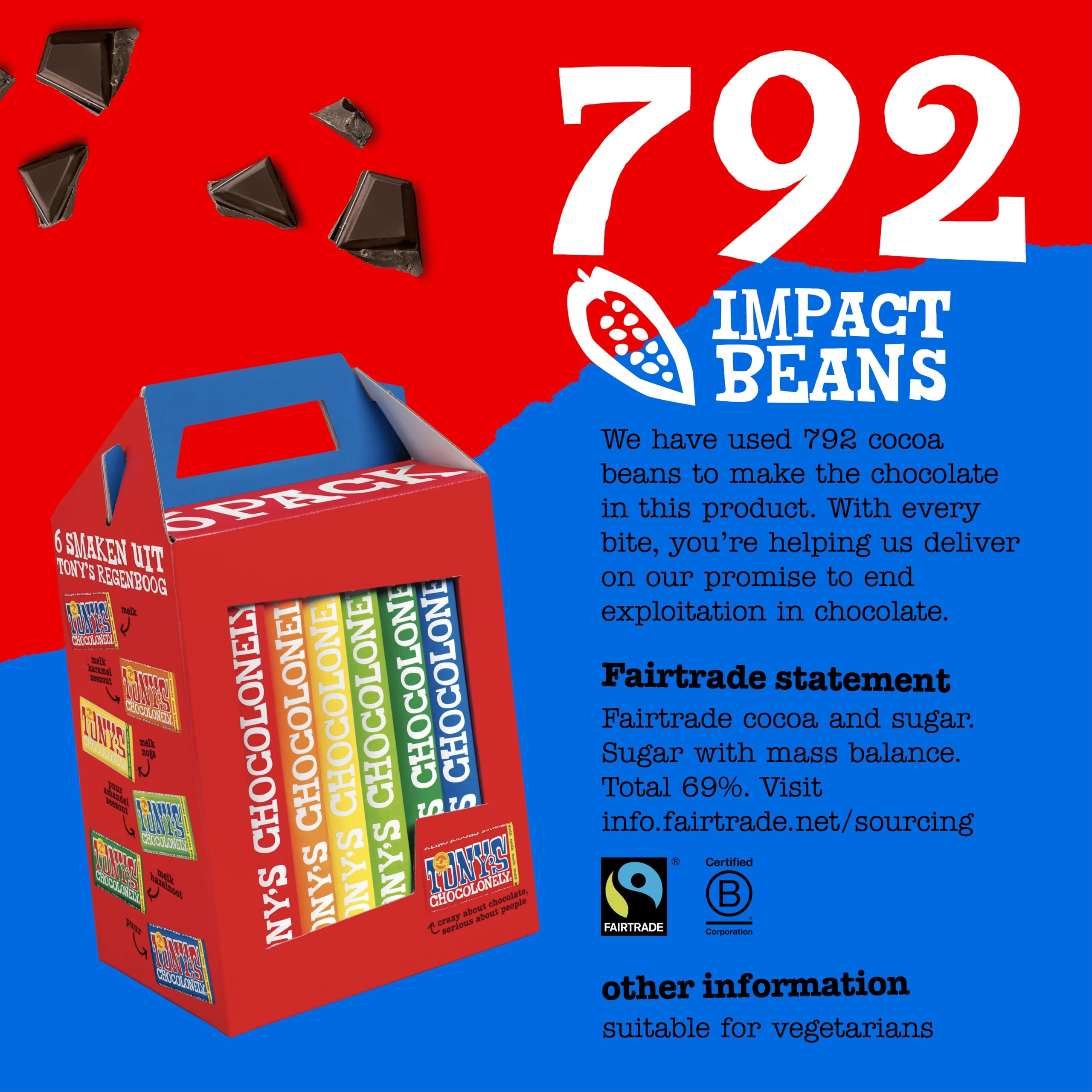 Tony's Chocolonely Rainbow Classic Pack - 6 x 180 g batonów czekoladowych, pudełko upominkowe, 6 smaków, wegetariańska - belgijska czekolada Fairtrade