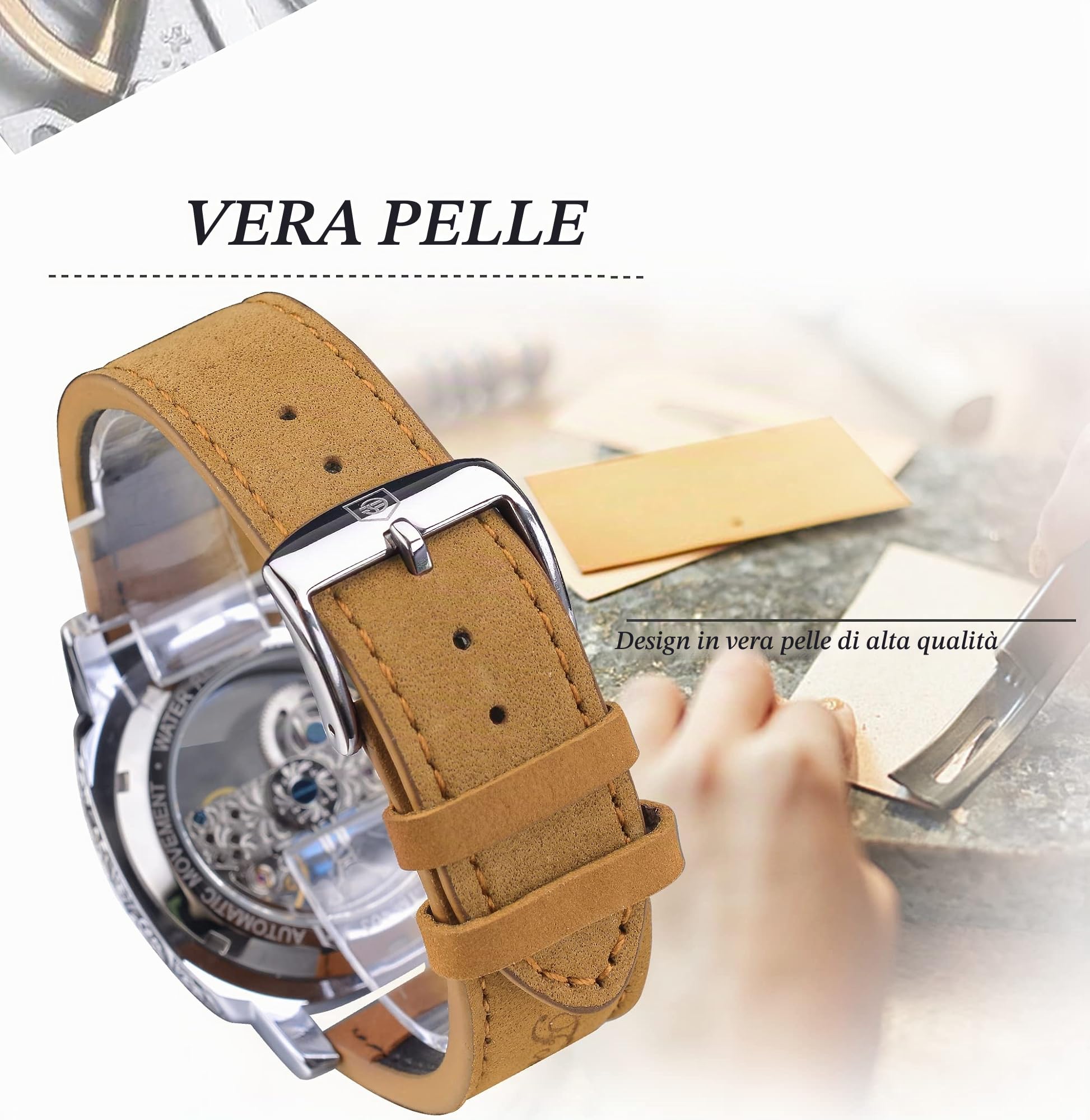 FORSINING Orologio da polso da uomo, alla moda, classico, scheletrato, quadrato, quadrante trasparente, automatico, meccanico, in pelle, luminoso, impermeabile