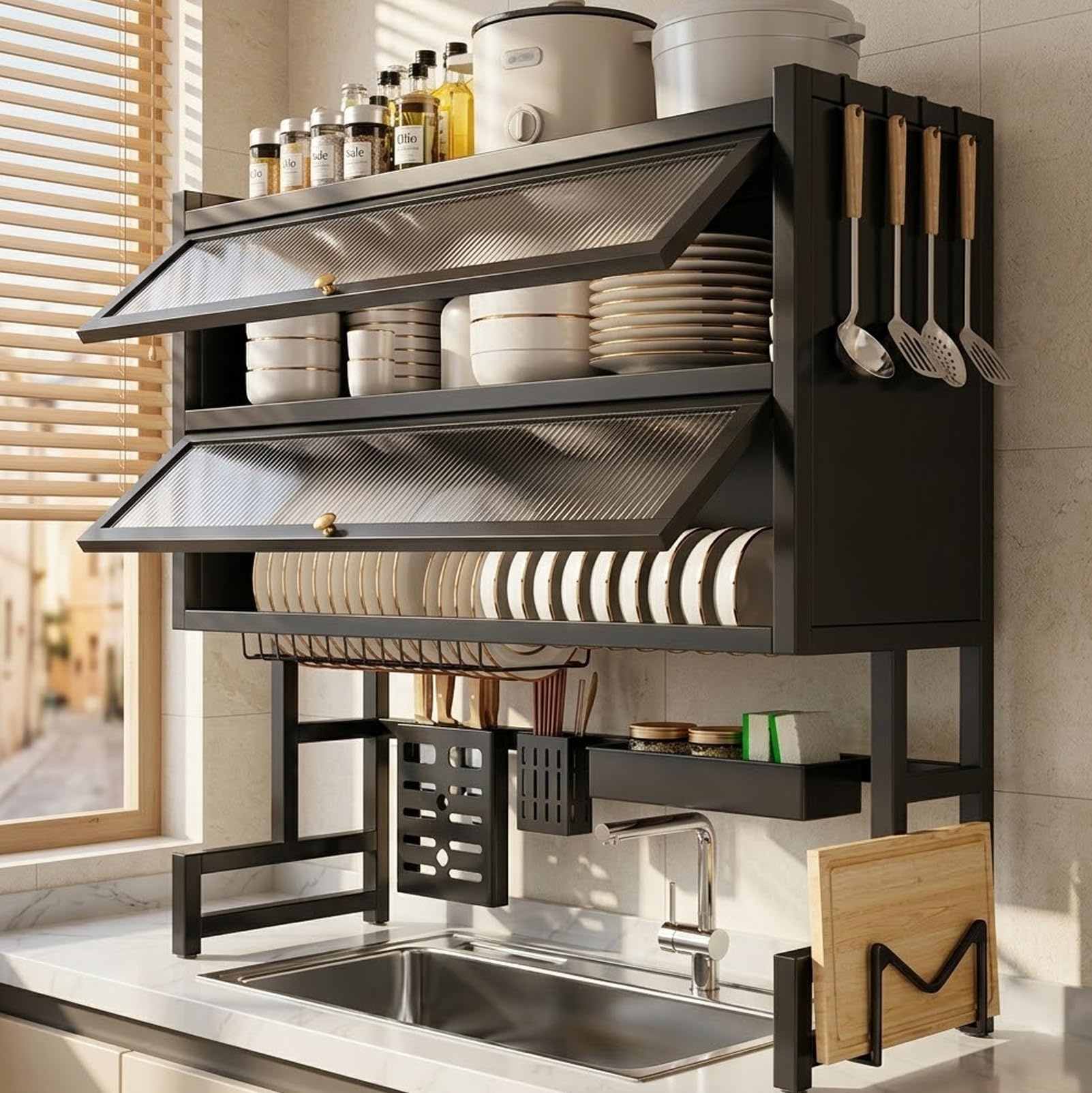 Scolapiatti da Cucina Sopra Lavandino, Scolapiatti da Appoggio Nero a 2 Livelli con Sportelli Antipolvere, Porta Piatti Salvaspazio per Piano di Lavoro, 65 cm