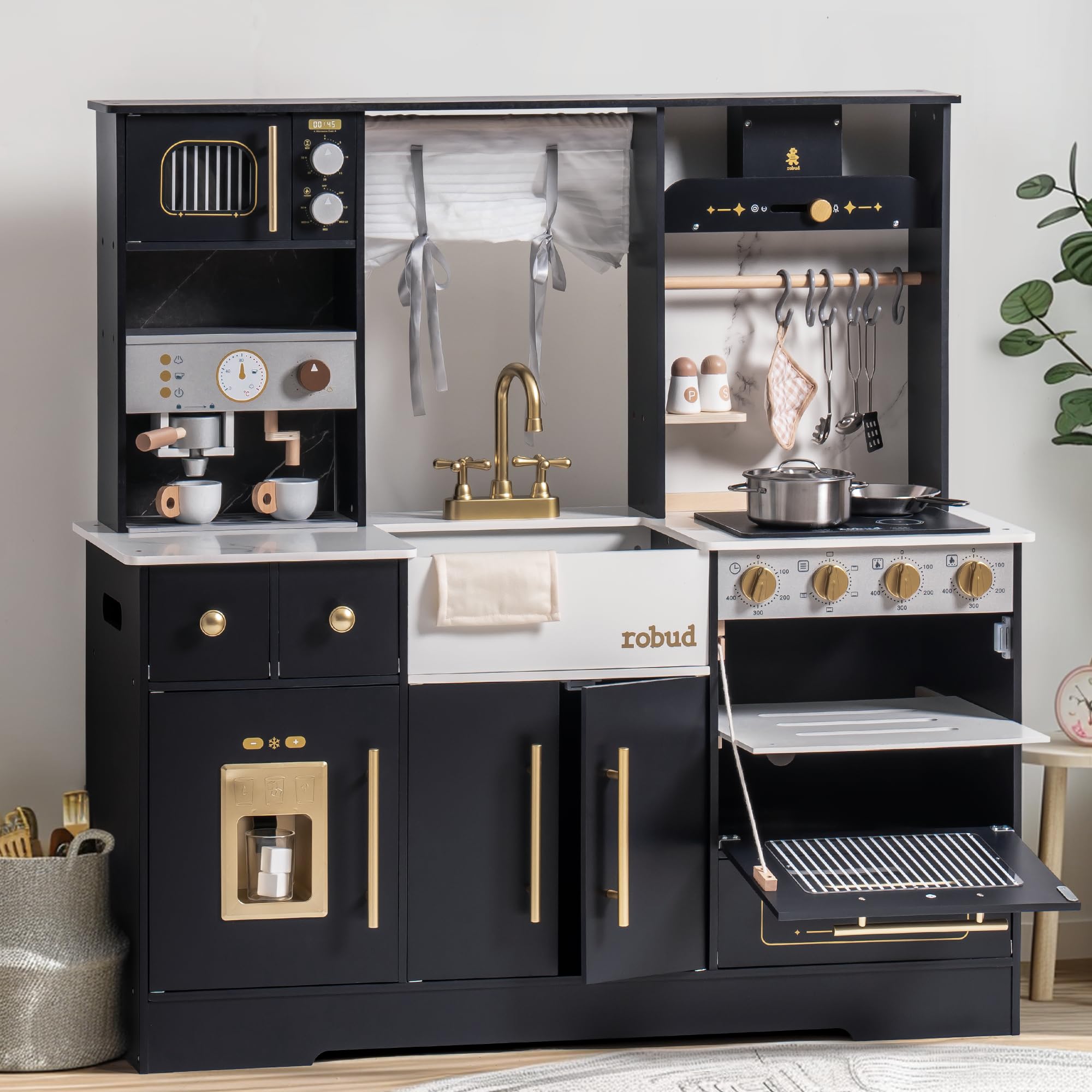 ROBUD Juego de Cocina de Madera para niños – Cocina Moderna Grande de Juguete en Negro con Nevera, cafetera, máquina de Hielo y más, para niños a Partir de 3 años
