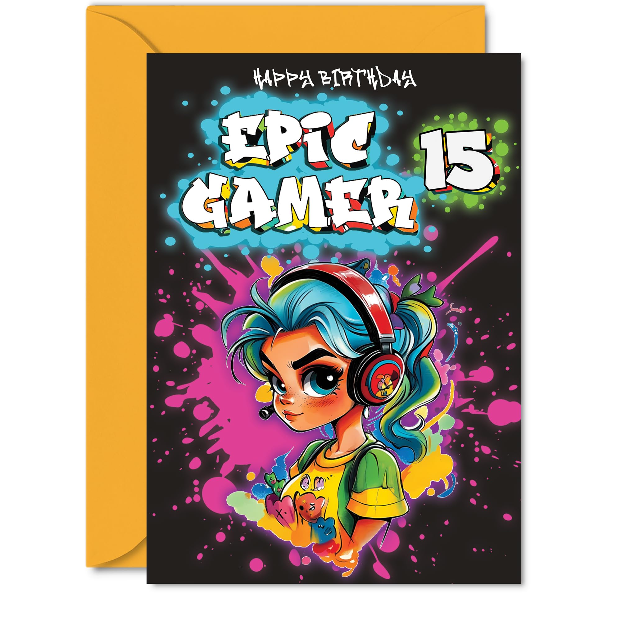 15th Birthday Card Girls - Epic Gamer Girl - Happy Birthday Card for 15 Year Old Girl Kids, 5x7 Inch Fifteen Fifteenth Bday Video Game Gaming Greeting Cards