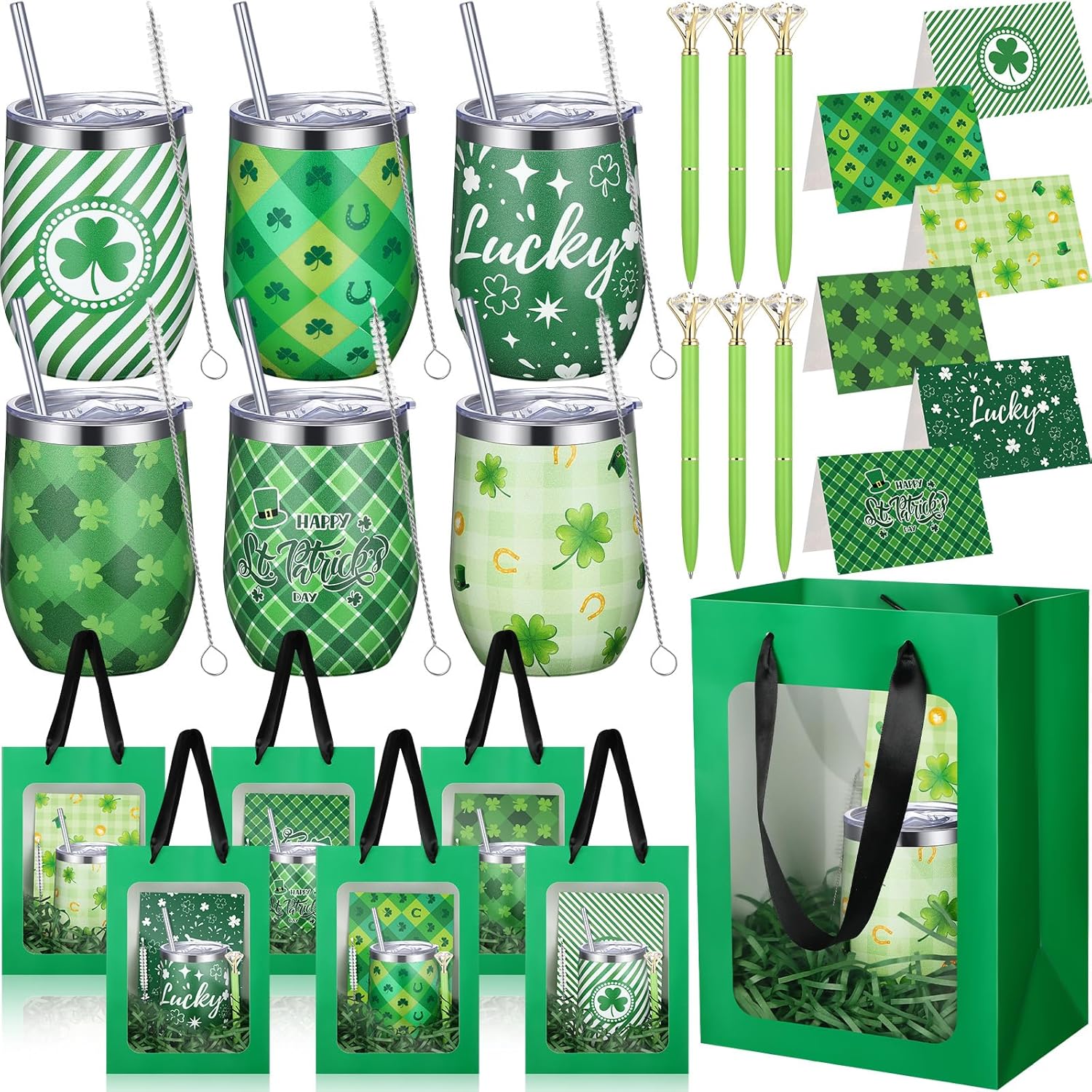 Patelai 30 Pcs Spring Picnic Party Favor Set Reusable Stainless Steel Tumblers with Lid Straw for Outdoor Camping 12oz Shamrock Cups for Wedding, Baby Shower Party Supplies, Employees (Green Clover)