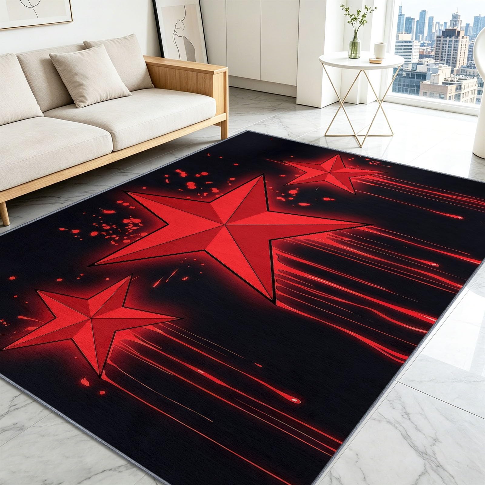 Cartoon-Graffiti Teppich Waschbar Roter Stern Teppich 100 x 160 cm, Weiche Niedriger Teppiche rutschfest Waschbar Pflegeleicht Teppiche Für Wohnzimmer Schlafzimmer Küche