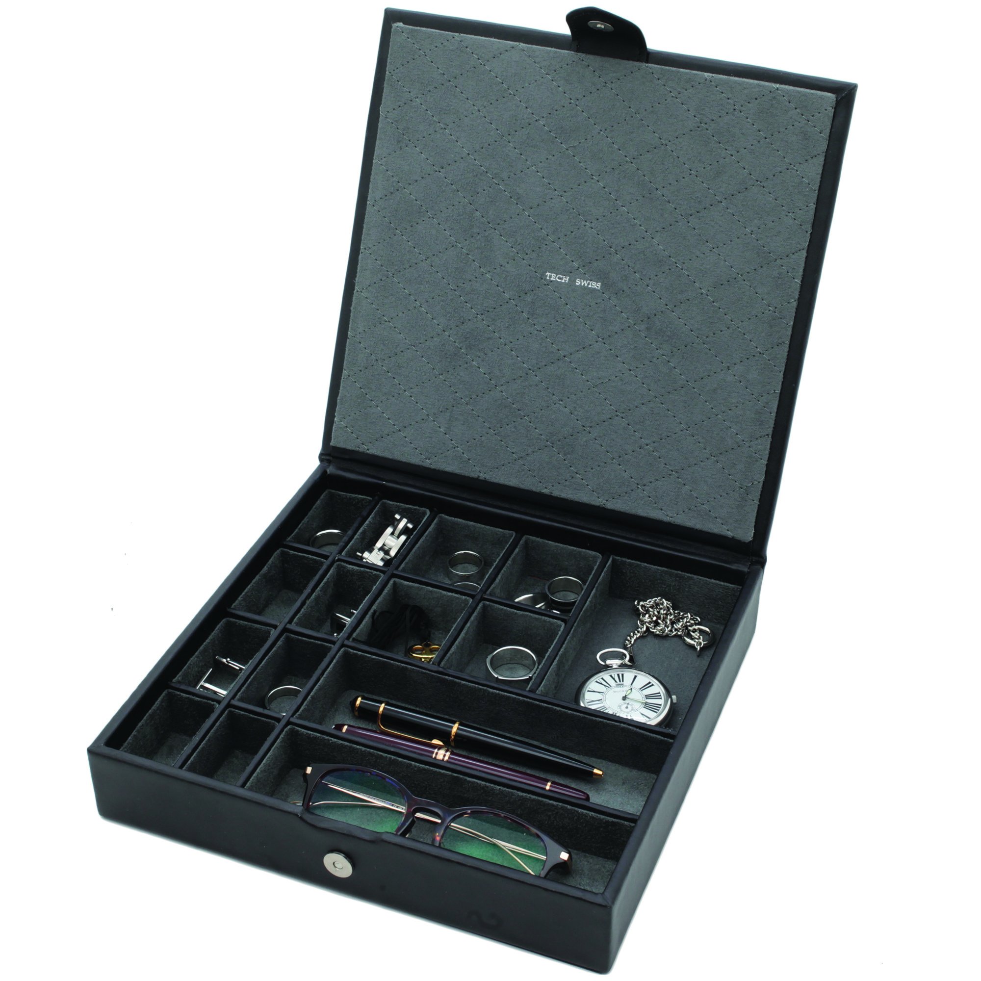 Tech Swiss Valet for Watches Jewelry Cuff links Leather Compact (Black/Multi-Compart.)
