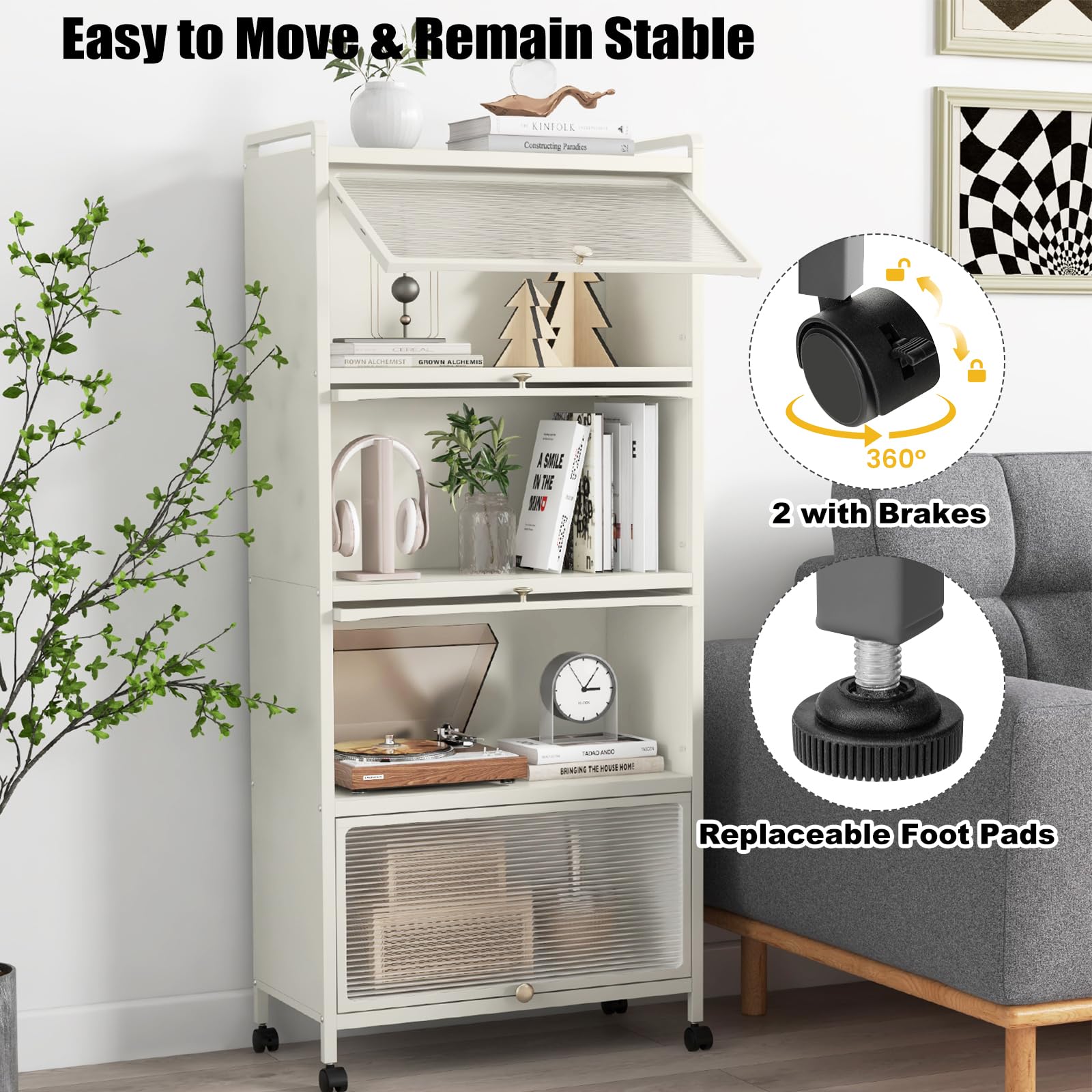 KOMFOTTEU Armoire à Porte Mobile, 5 Niveaux, Fer, 60 x 32 x 154 cm, Blanc | Étagère de Cuisine, 4 roulettes, Meuble de Rangement, Kit Anti-basculement, Salon, Salle à Manger