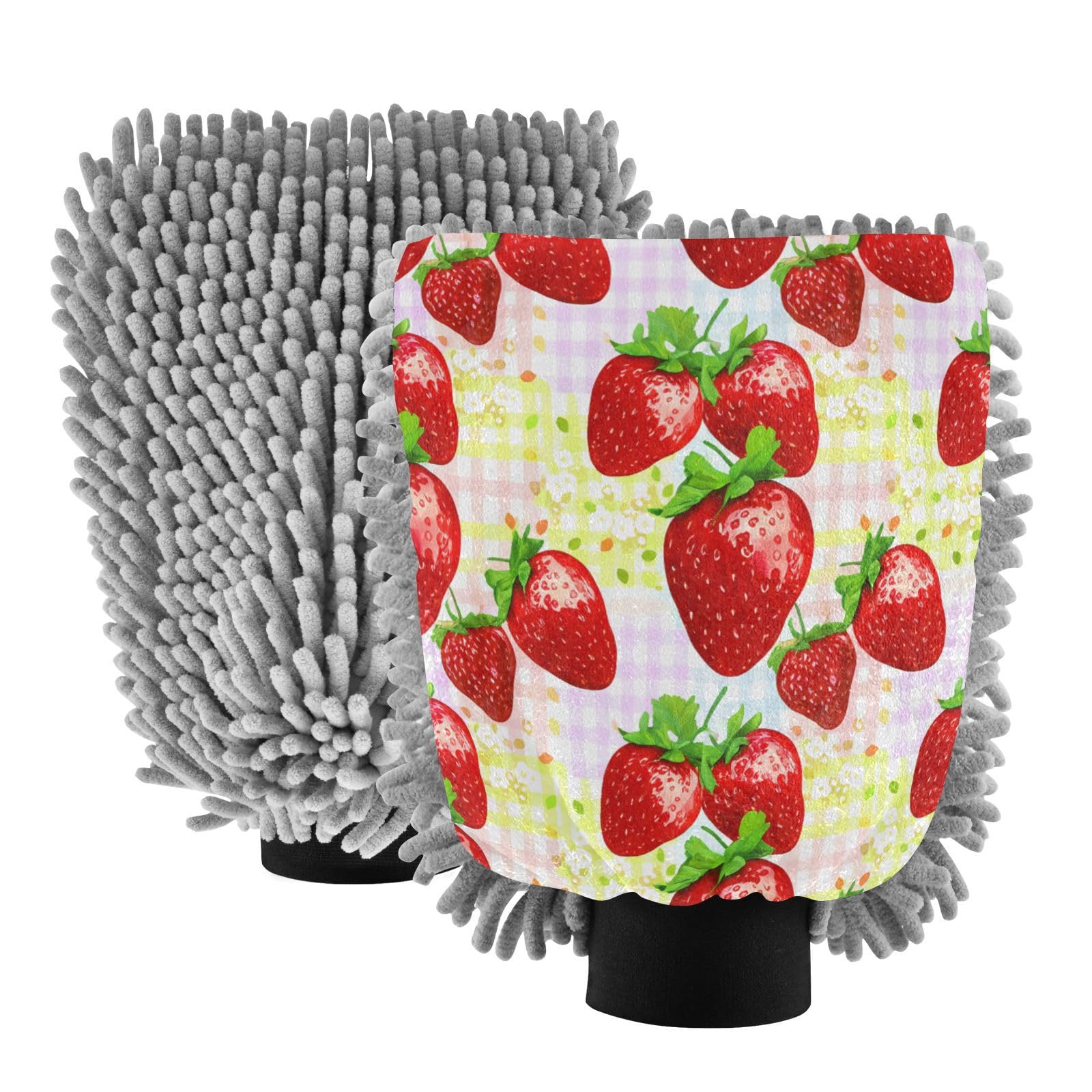 STAYTOP Cute Strawberries Car Wash Mitt Microfiber, 2Pcs Scratch Free Lint-Free, Premium Chenille Microfiber Mitt Car Wash Brush-M