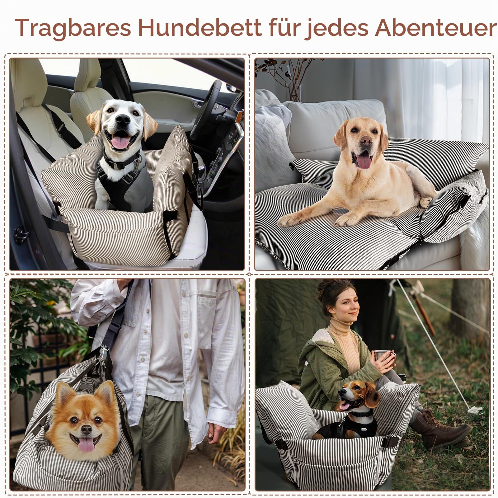 Hundesitz Auto für Kleine/Mittlere Hunde unter 18 kg, Tragbares Autositz Hund mit Sicherheitsgurt und Aufbewahrungstaschen, Waschbarer Hund Booster Autositz, Anti-Rutsch-Boden (Braun, 76 x 52 cm)