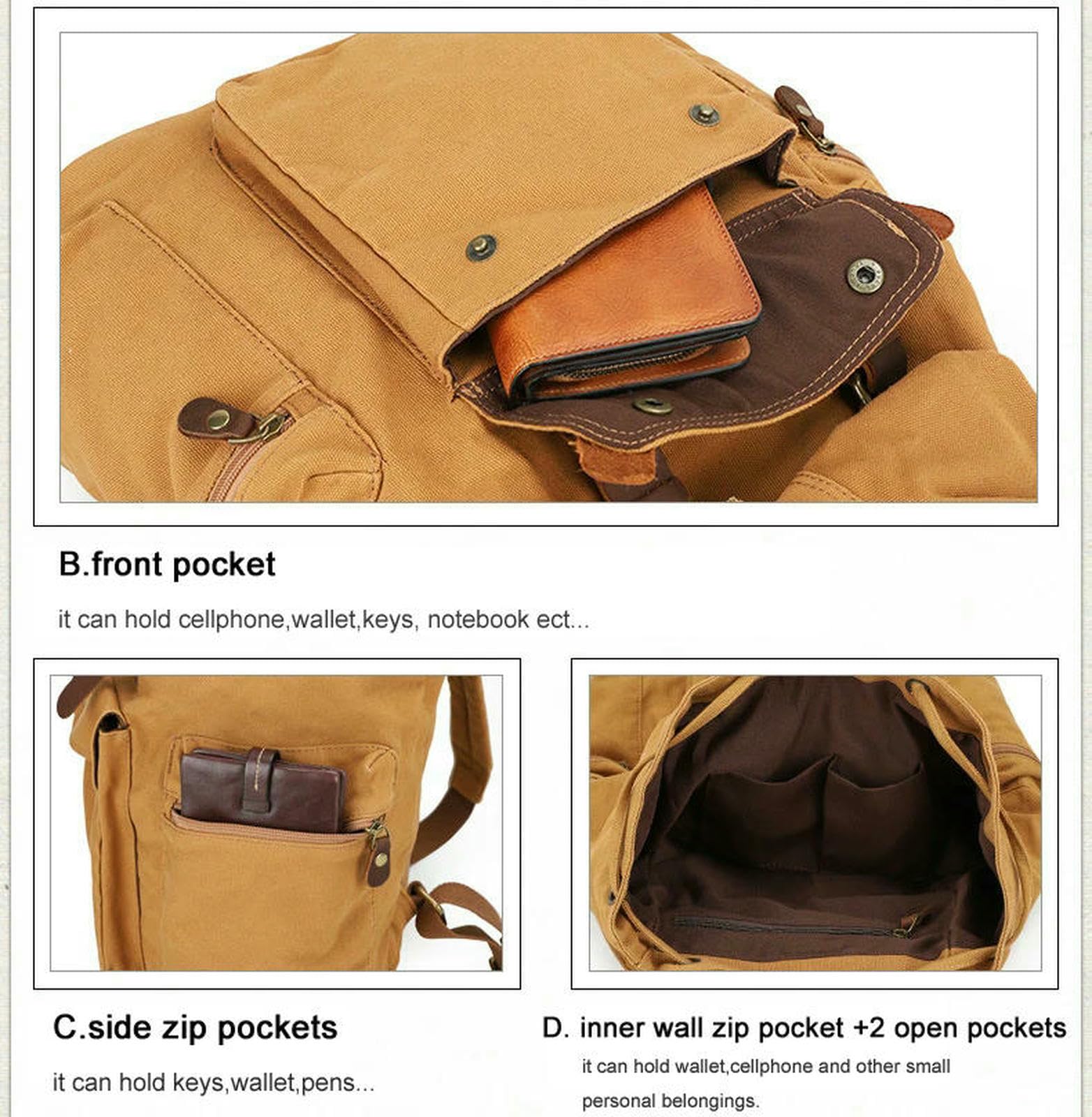 Rucksack Vintage-Rucksack Aus Canvas-Leder Für Herren, Mit Kordelzug, Schul- Und Reise-tagesrucksack, Freizeittasche Großem Fassungsvermögen-grün