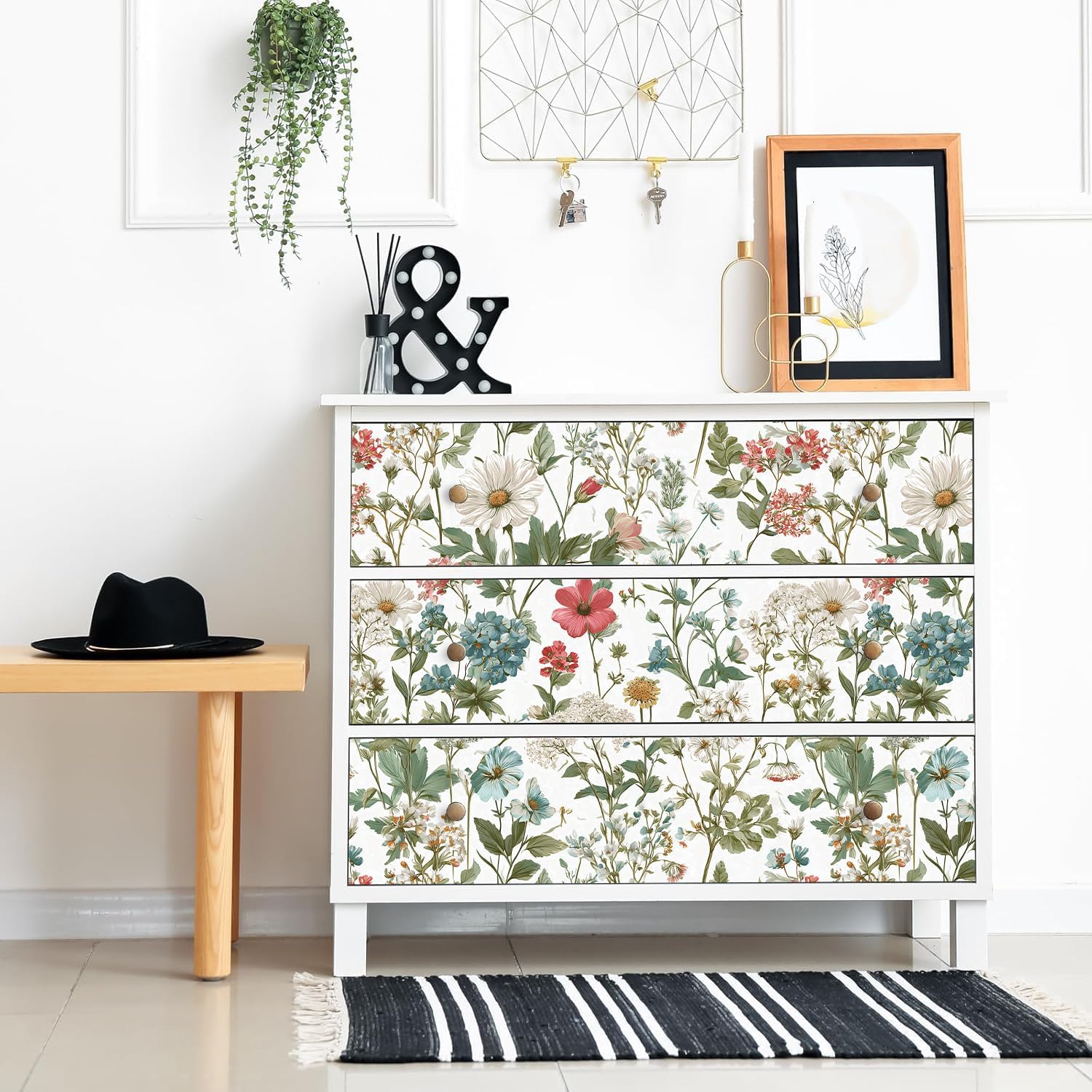 Floral Peel and Stick Wallpaper Vintage Floral Contact Paper 16.9inch x 118.1inch Colorful Flower Peel and Stick Wallpaper Boho Removable Self Adhesive Contact Paper for Cabinets Decor Vinyl