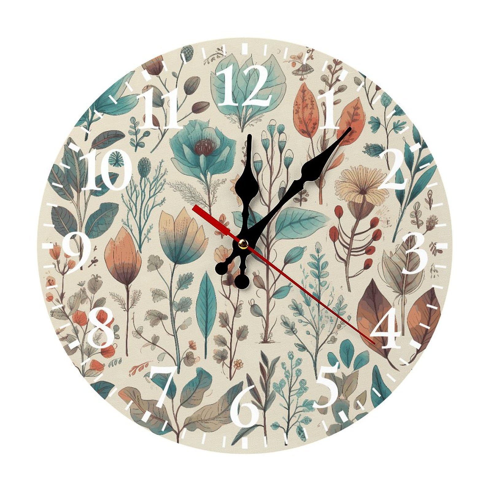 QMNLKH Flowers and Leaves Wall Clock for Home, Battery Operated Clock for Hotel, Round Wall Clock with Arabic Numerals White, Easy to Read, Non-Ticking Clocks for Living Room 25 * 25cm