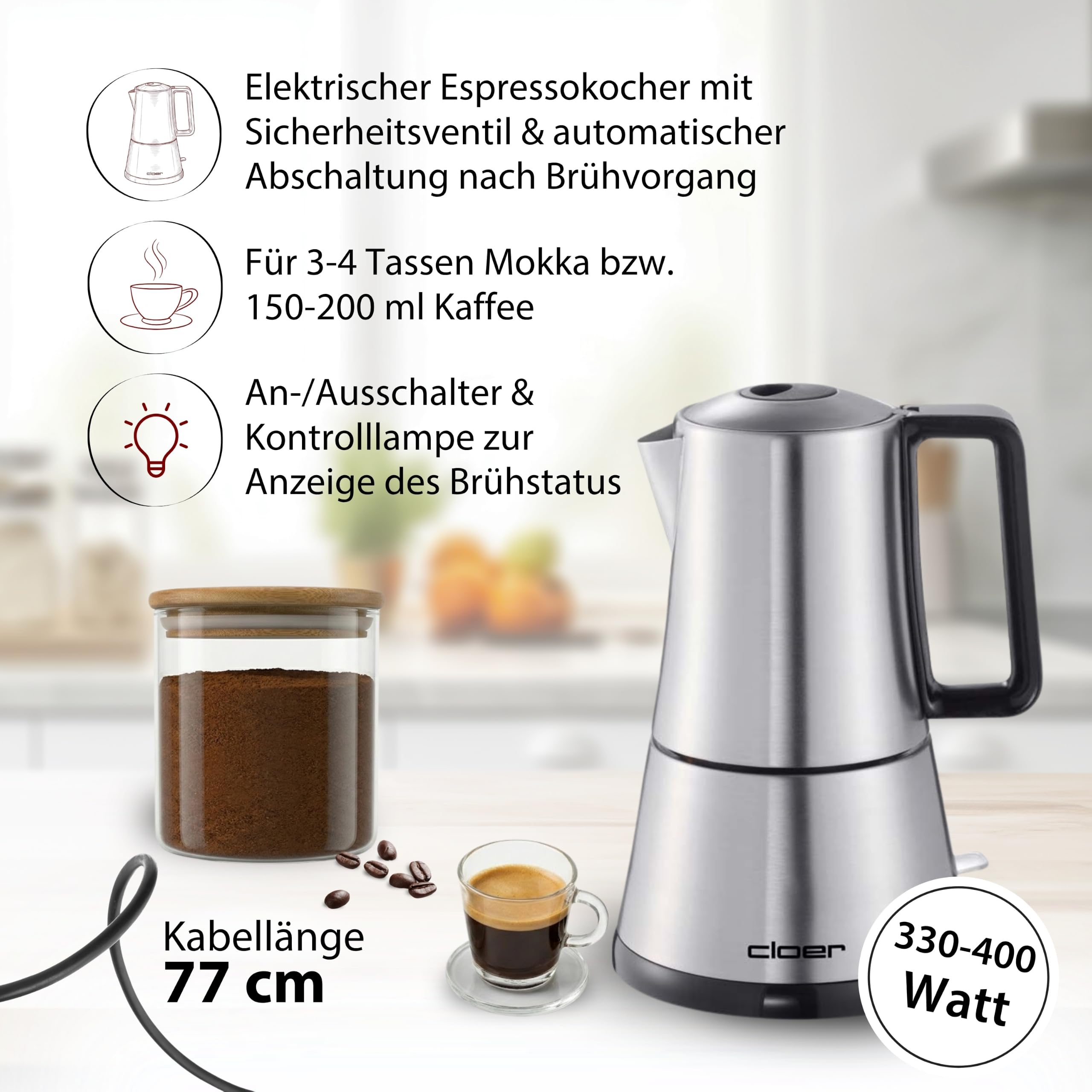 Cloer 5918 Moka Maker, elektrischer Espressokocher für 3-4 Tassen, Edelstahleinsatz, Sicherheitsabschaltung, Sicherheitsventil, An-/Ausschalter, Edelstahl, 365 W