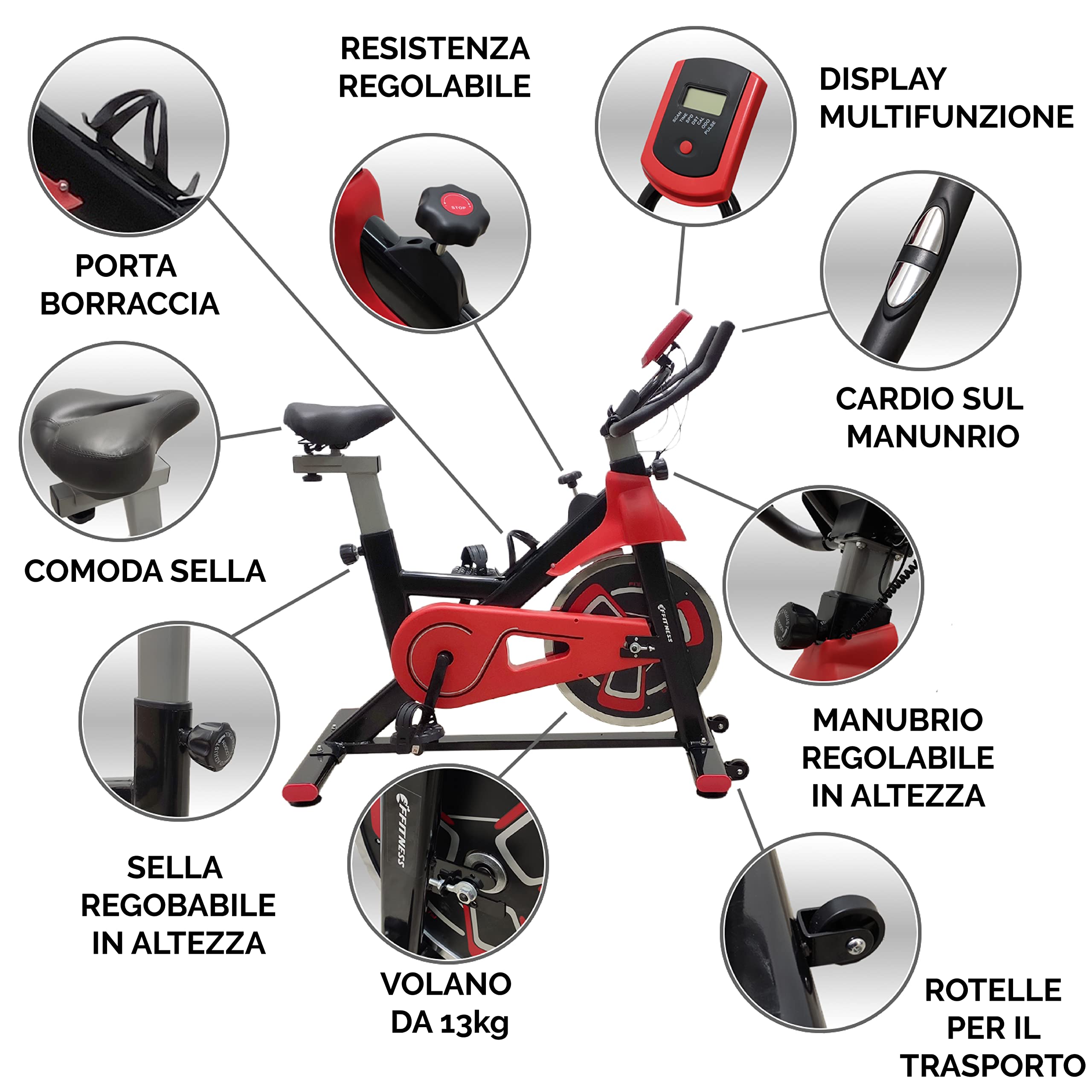 FFitness Cyclette da Casa Professionale, Bicicletta ad attrito Bici da Fitness FIT BIKE Cardio e Volano 13kg Ergonomica