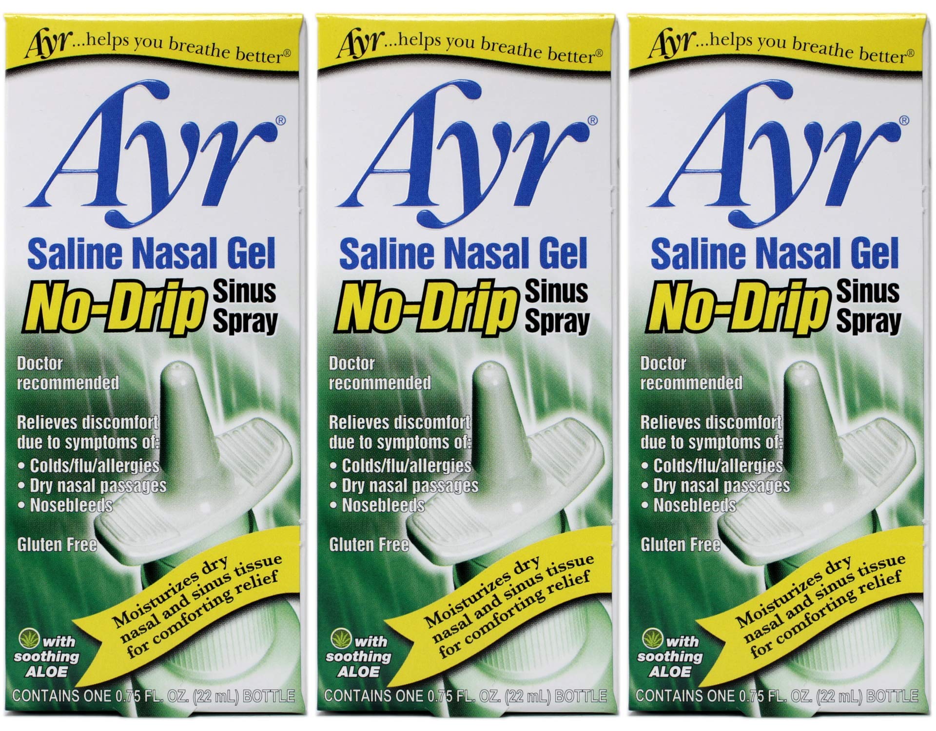 Ayr Saline Nasal Gel No-Drip Sinus Spray with Aloe – Moisturizing Saline Relief (0.75 fl oz) - Pack of 3