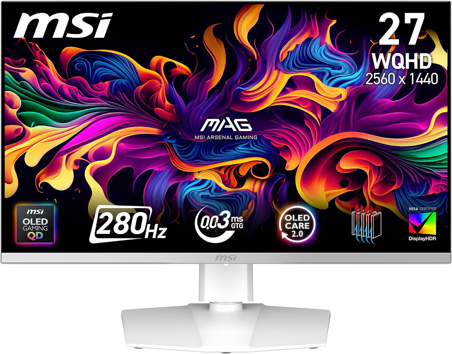 MSI mag 272QPW QD-OLED X28 27-Inch WQHD, Monitor Gaming, 2560×1440 Quantum Dot OLED Panel, 280Hz, 0.03ms, DisplayHDR True Black 400, HDMI 2.1, DP 1.4a, USB C 15WPD, Blanco