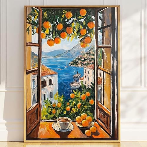 Arte de pared abstracto de Matisse con imagen costera azul, póster de Henri Matisse con ventana abierta, vintage, impresión naranja abstracta,
