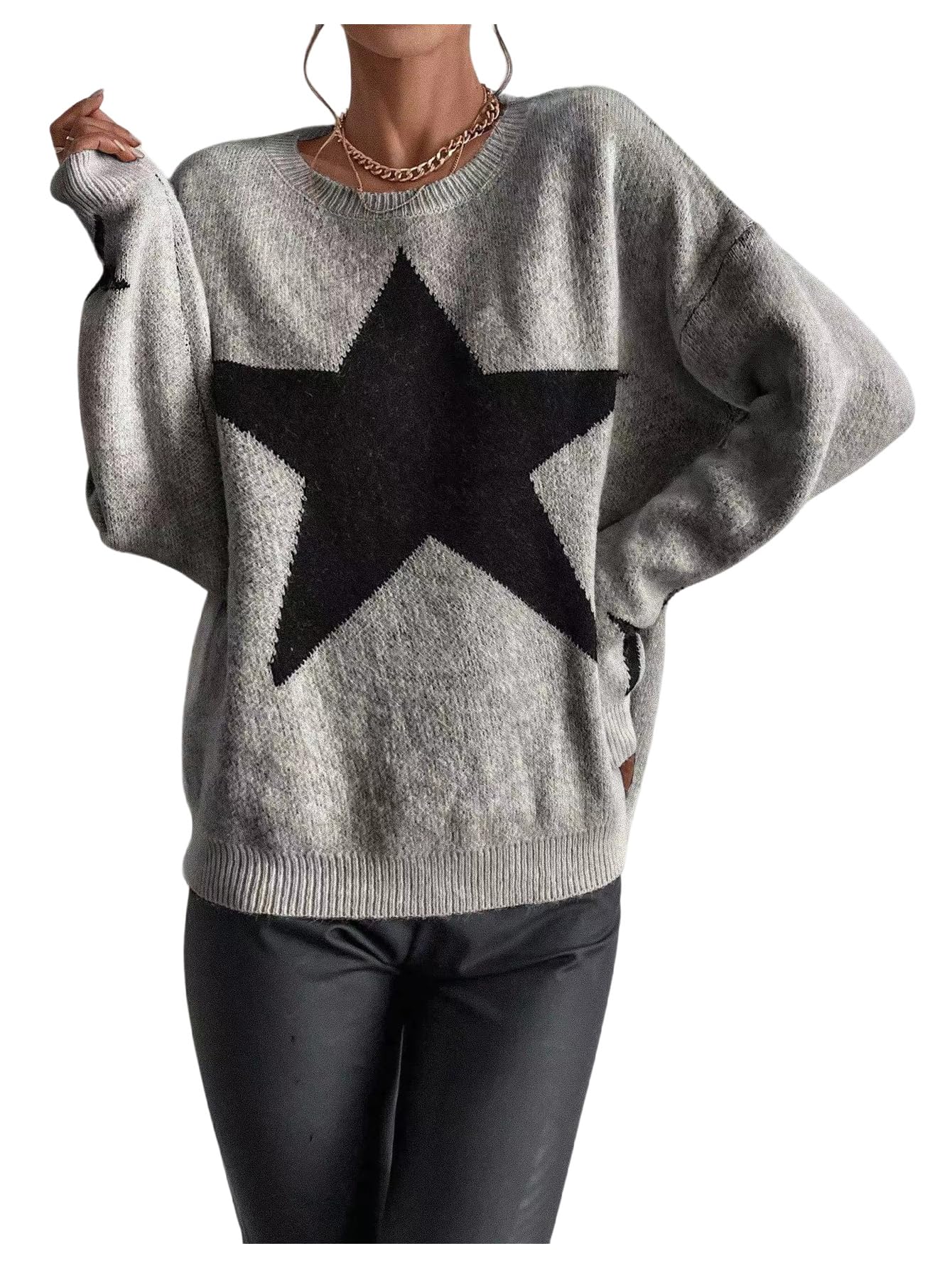 GORGLITTER Womens Star Sweater Long Sleeve Crew Neck Ribbed Knit Drop Shoulder Pullover Jumper Tops Fall