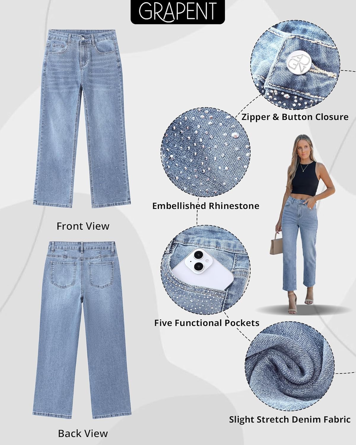 GRAPENT Cropped Jeans for Women High Waisted Straight Leg Embellished Rhinestone Concert Party Night Out Sparkly Jeans - Image 6