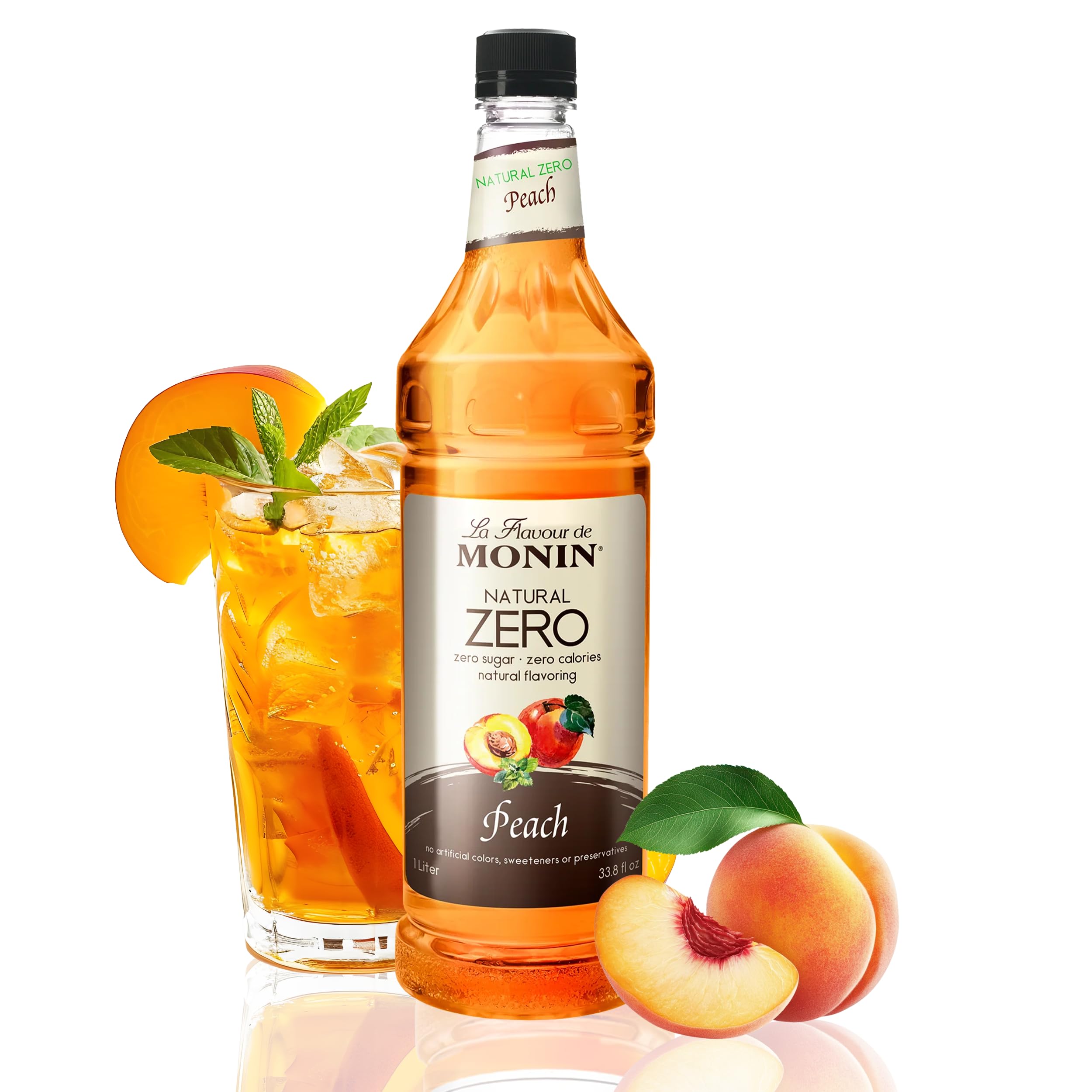 Zero Calorie Natural Peach Syrup, Fresh and Juicy Flavors, Great for Iced Teas, Lemonades, and Sodas, Non-GMO, Gluten-Free (1 Liter)