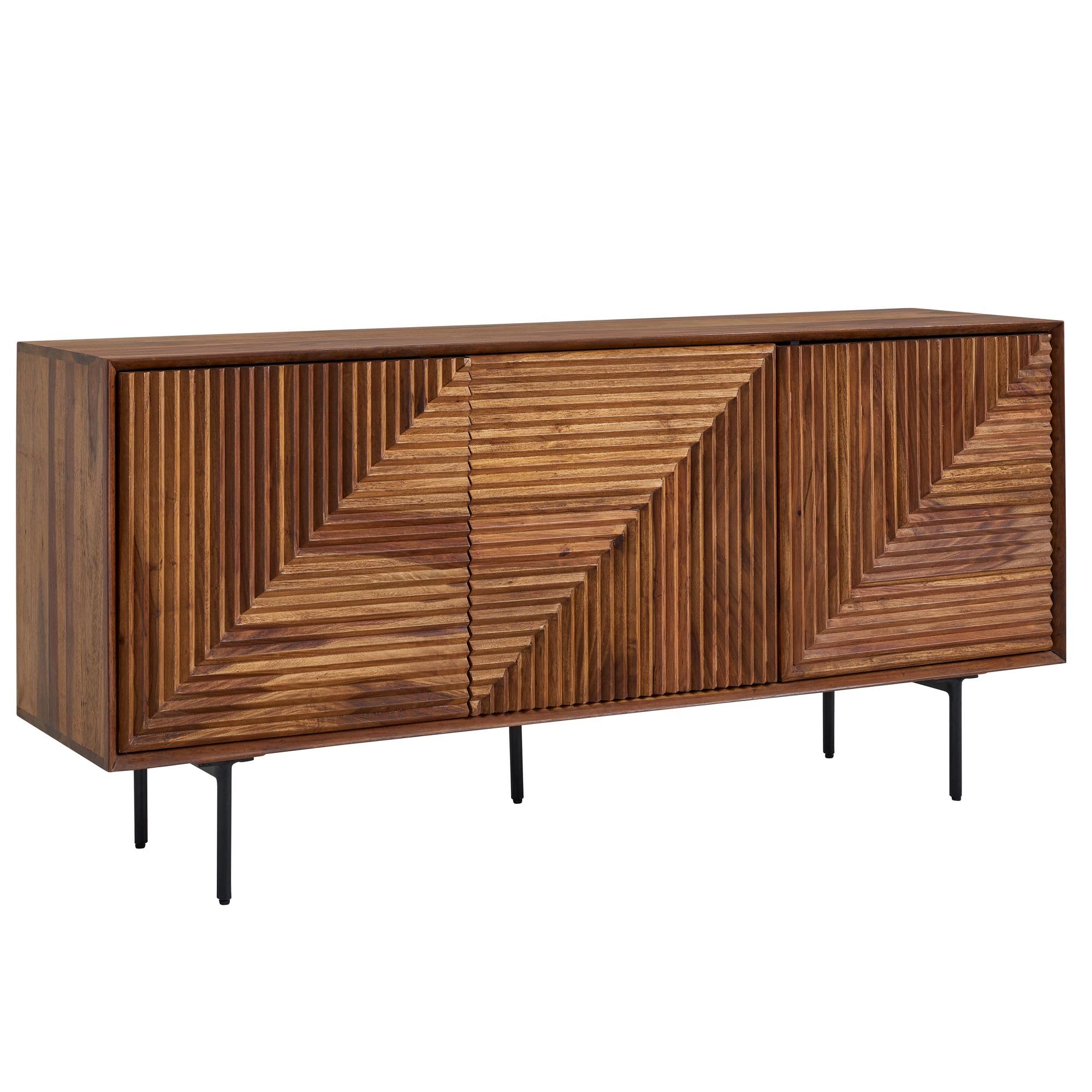Massivholz Design Sideboard FineBuy – 148 cm Breite, Sheesham, 3 Türen, Retro-3D-Fronten, Edelstahl-Untergestell