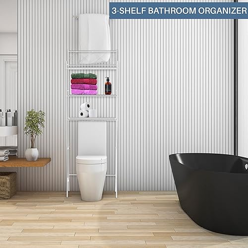 Miniatura 7 de J&V TEXTILES Organizador de baño de 3 estantes sobre el inodoro, protector de espacio de baño (negro)