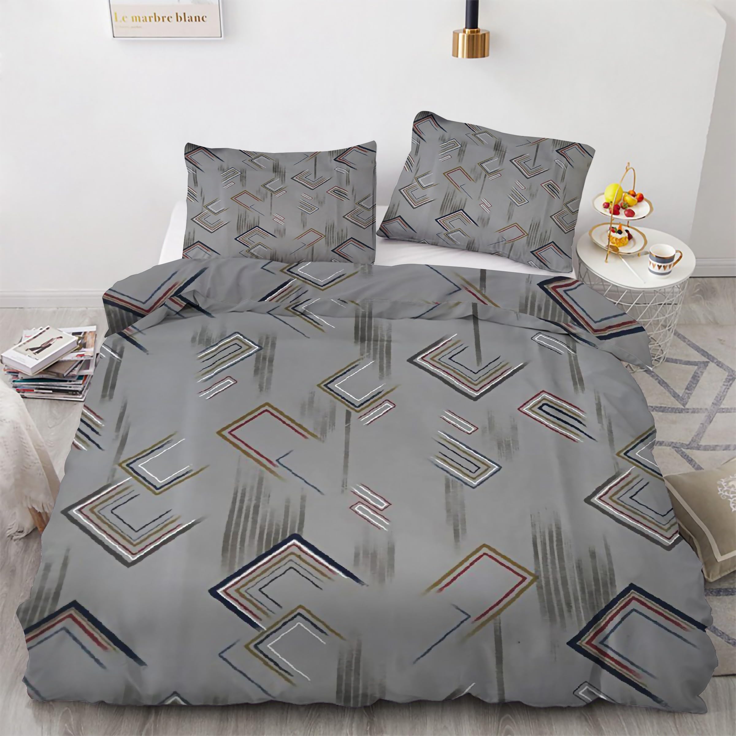 Copripiumino Matrimoniale 240x220 Stampe Geometriche Linee Grigie Biancheria da Letto Morbido Microfibra Copri Piumone e 2 Federe Abbinate, con Zip, Ipoallergenico HR2177