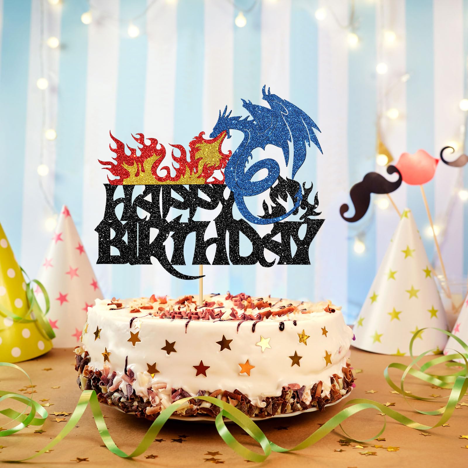 Dragon Happy Birthday Cake Topper Set - Gold Dragon Theme Decorations For Birthday, Baby Shower, Fantasy Parties (4 Pieces)
