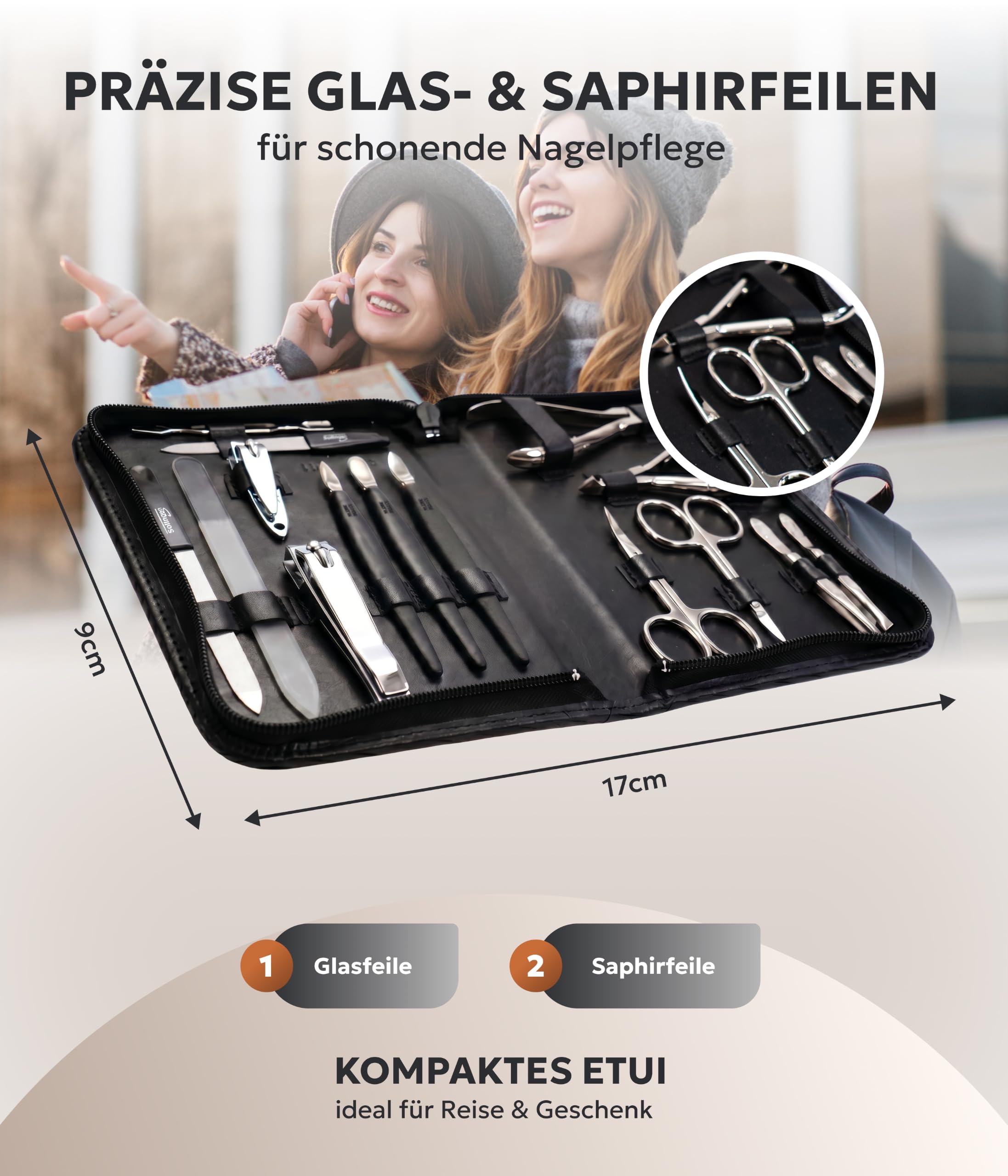 BERKWERG® Solingen Manicüreetui Leder Schwarz 15-teilig - Präzisions-Nagelpflege-Set inkl. Nagelschere & Hautschere Solingen – für perfekte Maniküre & Pediküre – Made in Germany