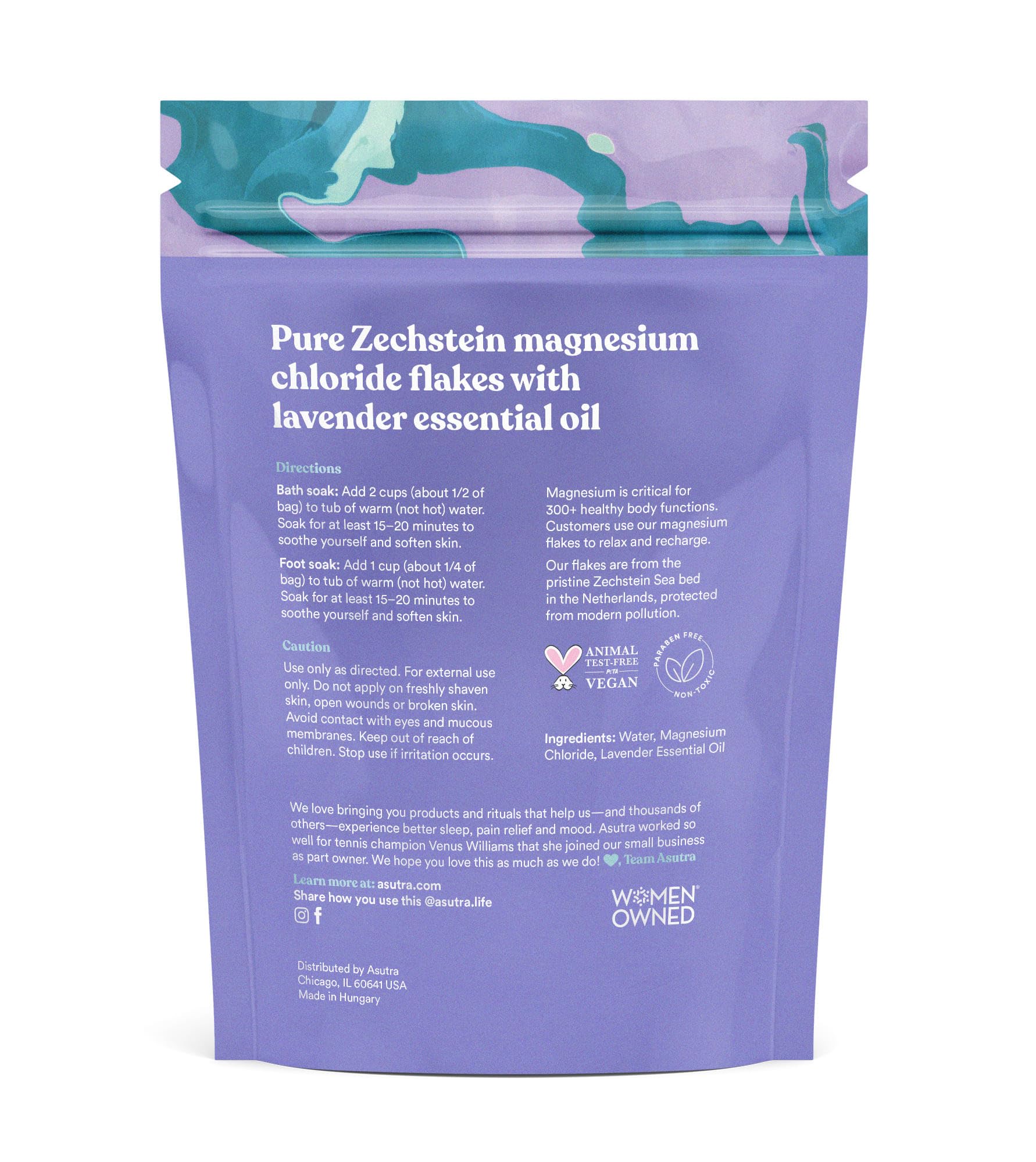 Asutra Lavender Magnesium Chloride Flakes for Bath, Pure Zechstein Source, Magnesium Flakes for Bath Soak, Foot & Body, 2 lbs
