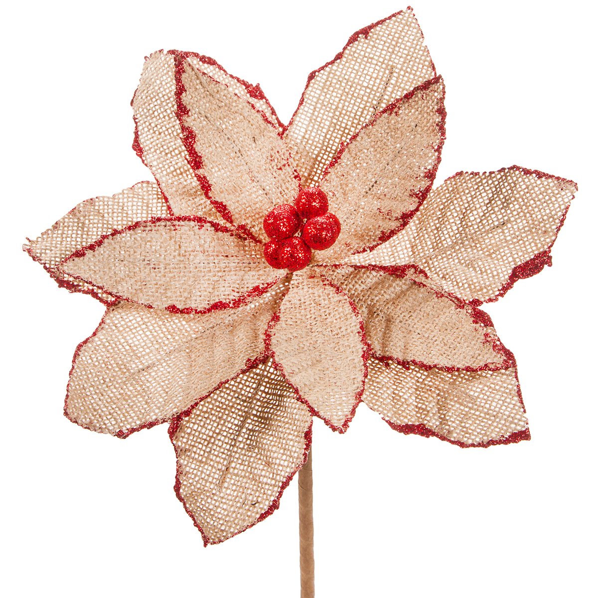 Poinsettia de yute roja con purpurina ideal para centros de mesa y coronas de Navidad