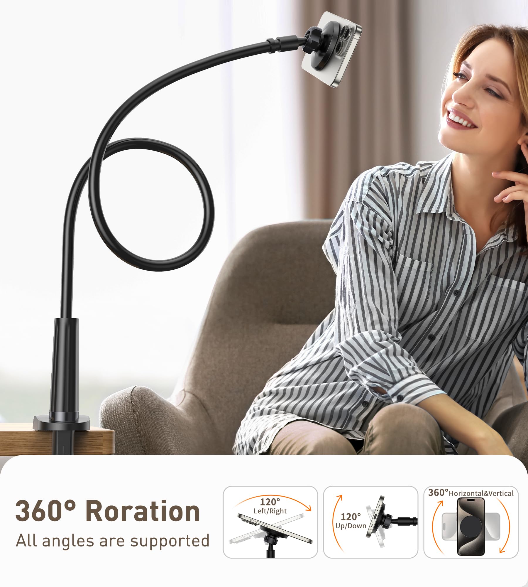 Support Téléphone Lit Réglable Pivotant 360° Col de Cygne Mag-Safe avec Anneaux Métal pour iPhone 17 16 15 14 13 12 Pro Max Plus