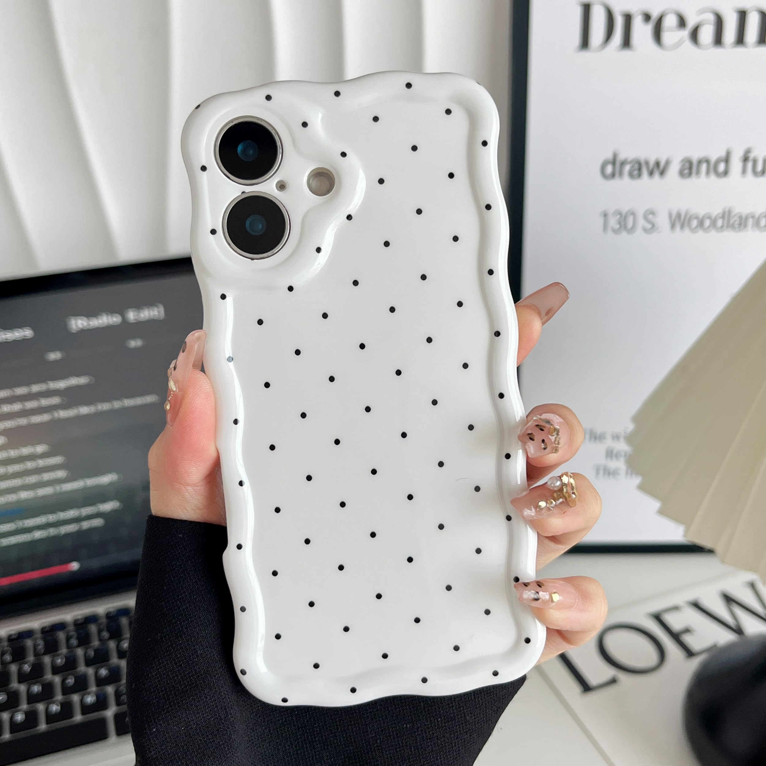 – ZCDAYE for iPhone 16 Case Cute Wavy Aethetic Printed Phone Case for Women Girls, Soft TPU Shockproof Full Camera Protective Cases for iPhone 16 (6.1 inches,White Polka Dots