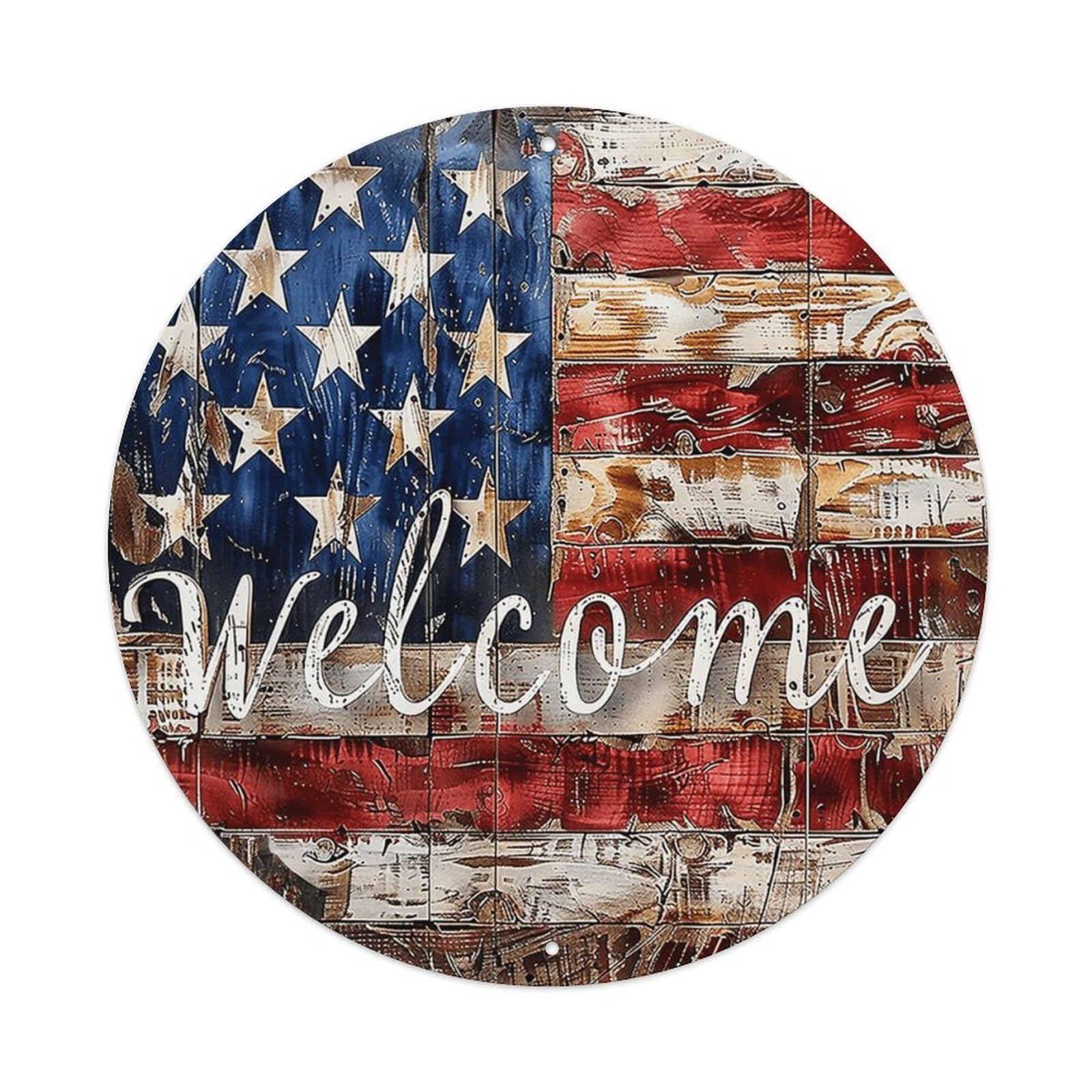 American Flag Wood Welcome Sign_2 Metal Tin Sign Plaque